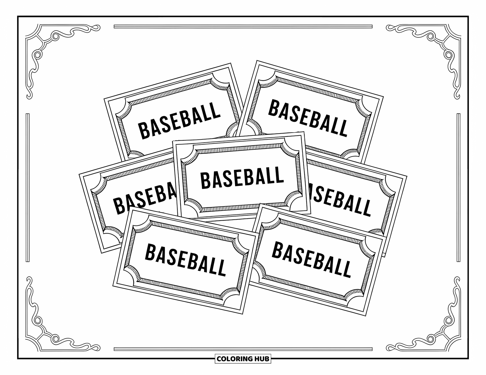 Desen de colorat cu baseball pentru adulți: O colecție de bilete de baseball detaliate, cu borduri elegante și modele jucăușe