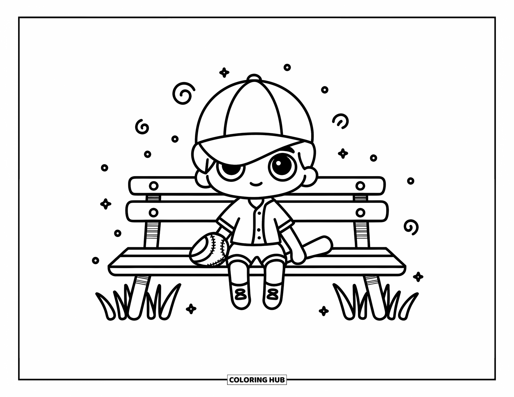 Desen de colorat cu baseball pentru adulți: Un băiat drăguț de baseball stă pe o bancă, cu șapca acoperindu-i un ochi