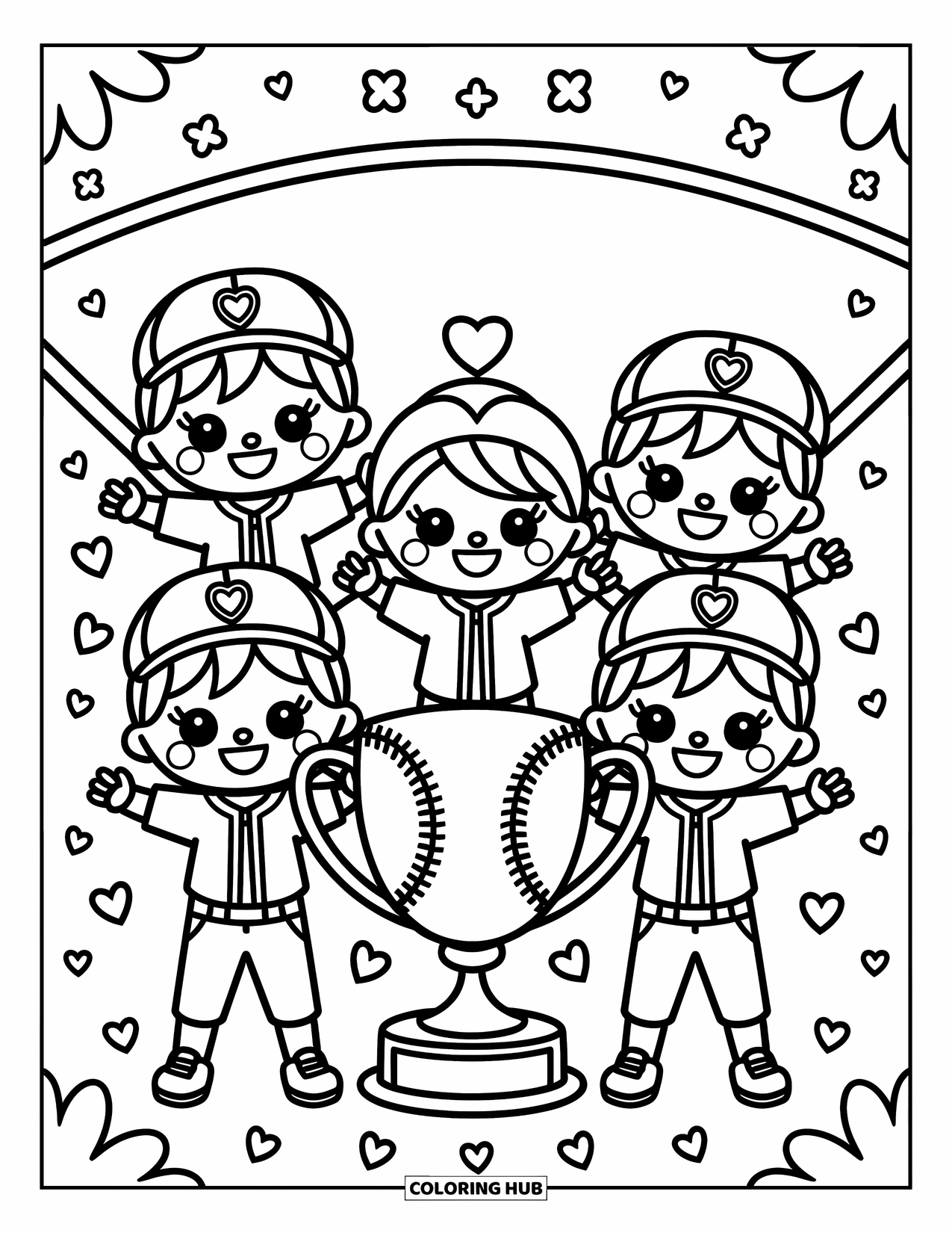 Desen de colorat cu baseball pentru adulți: O echipă drăguță de baseball zâmbește mândră cu un trofeu și inimi și flori jucăușe în jur