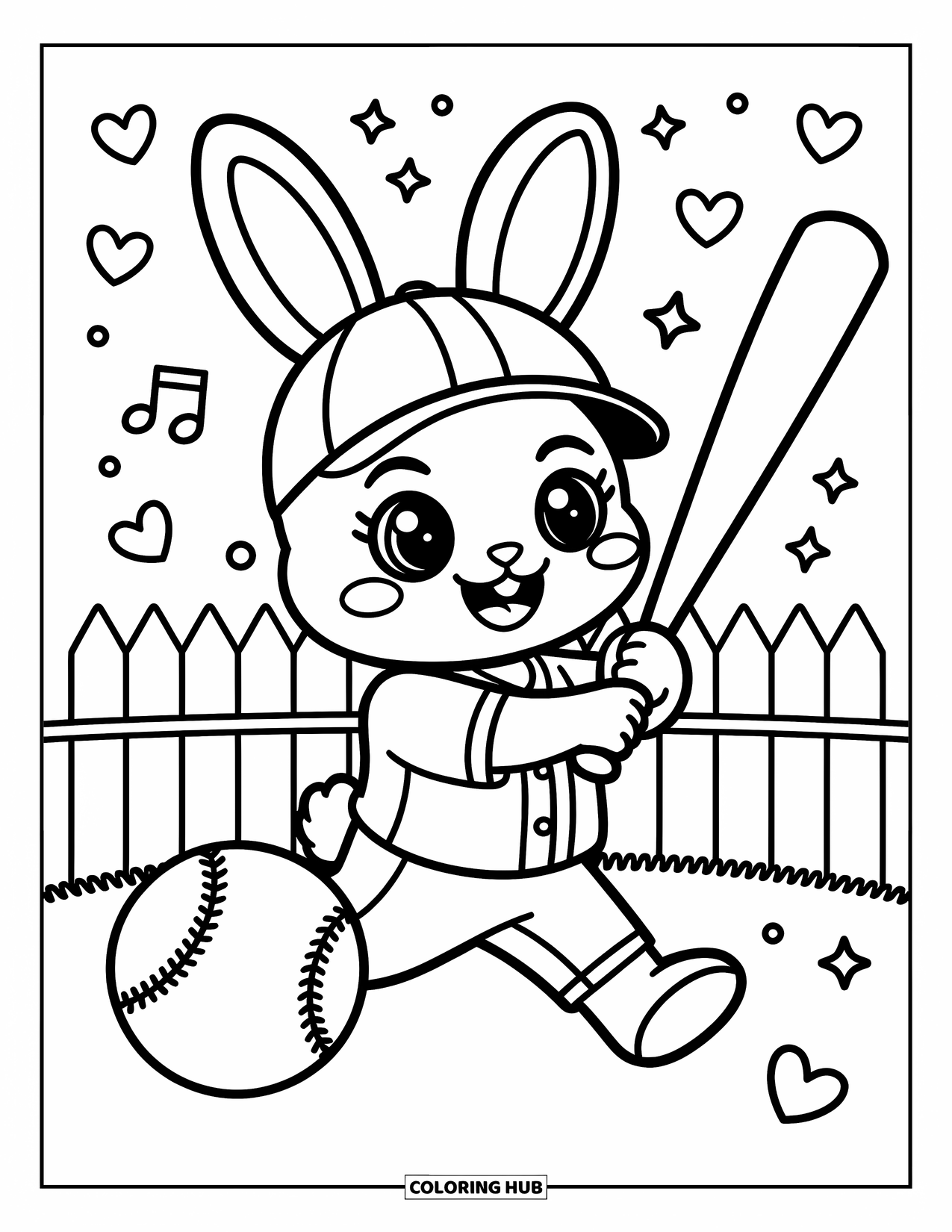 Desen de colorat cu baseball pentru adulți: Un iepuraș drăguț într-o uniformă de baseball învârte o bâtă cu stele, inimi și note muzicale în apropiere