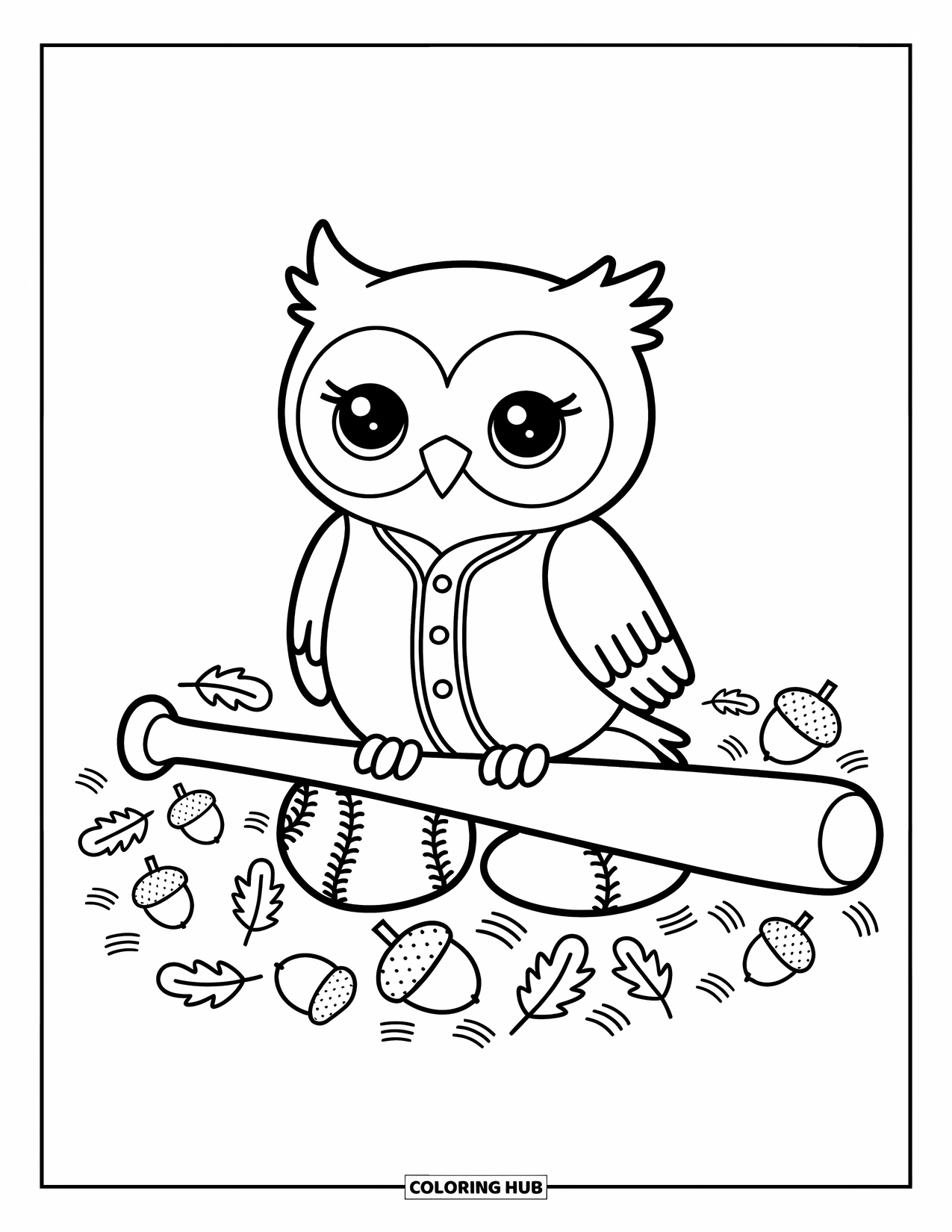 Desen de colorat cu baseball pentru adulți: O bufniță drăguță într-o uniformă de baseball se așază pe o bâtă cu vârtejuri și frunze dedesubt