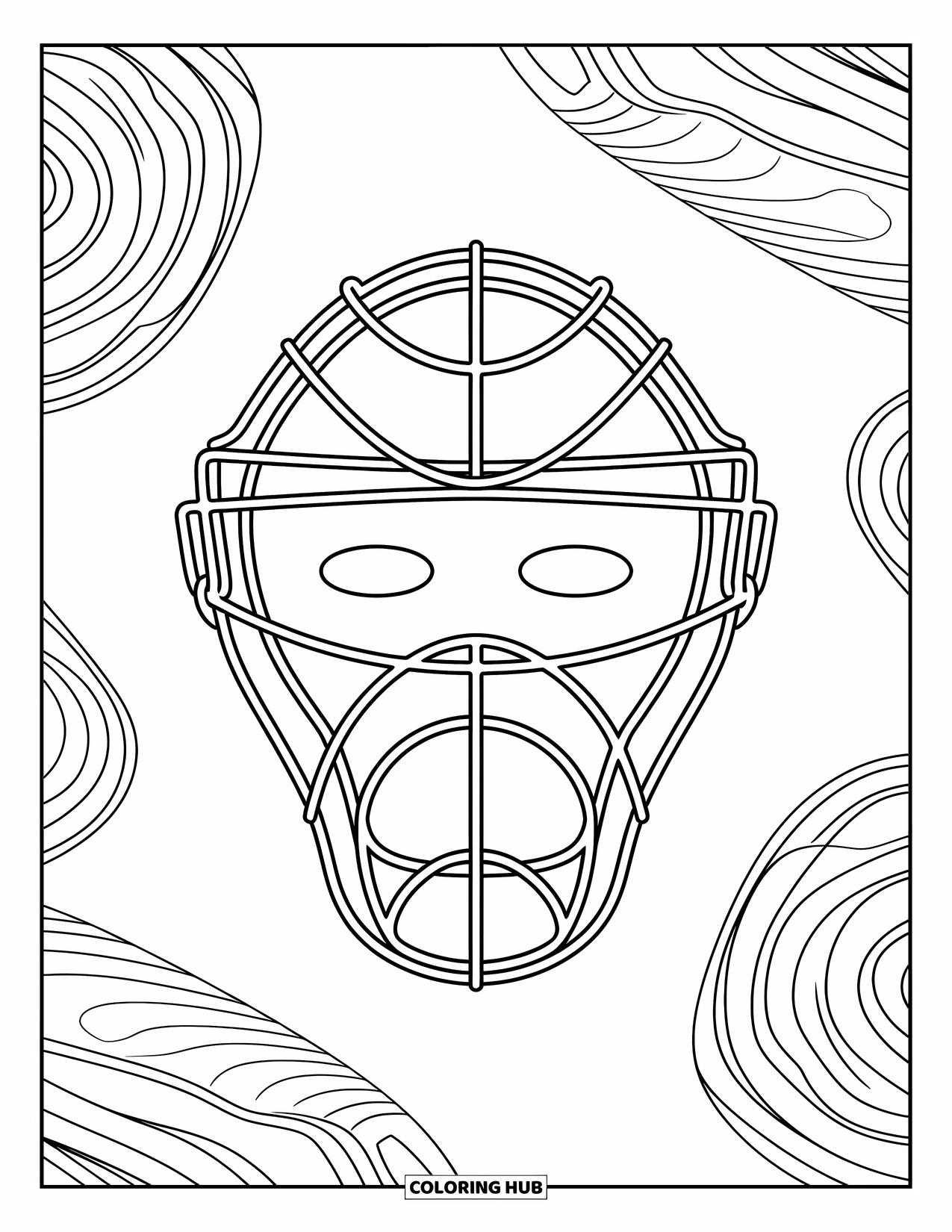 Desen de colorat cu baseball pentru adulți: O mască de catcher detaliată este încadrată de modele vârtejite și modele complicate de fundal