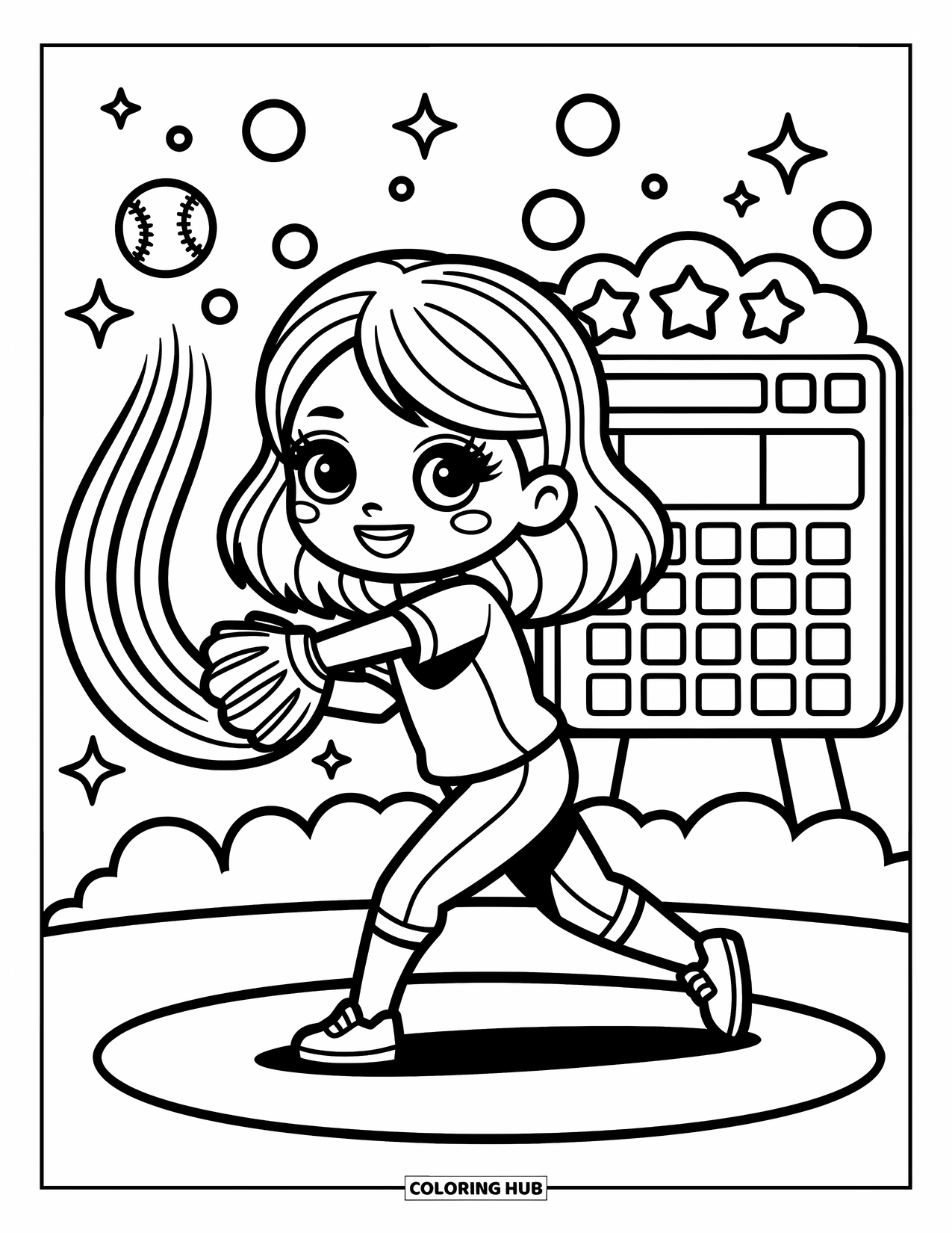 Desen de colorat cu baseball pentru adulți: O fată aruncătoare aruncă o minge cu linii vârtejite, sclipiri și un panou de marcaj decorat în spatele ei