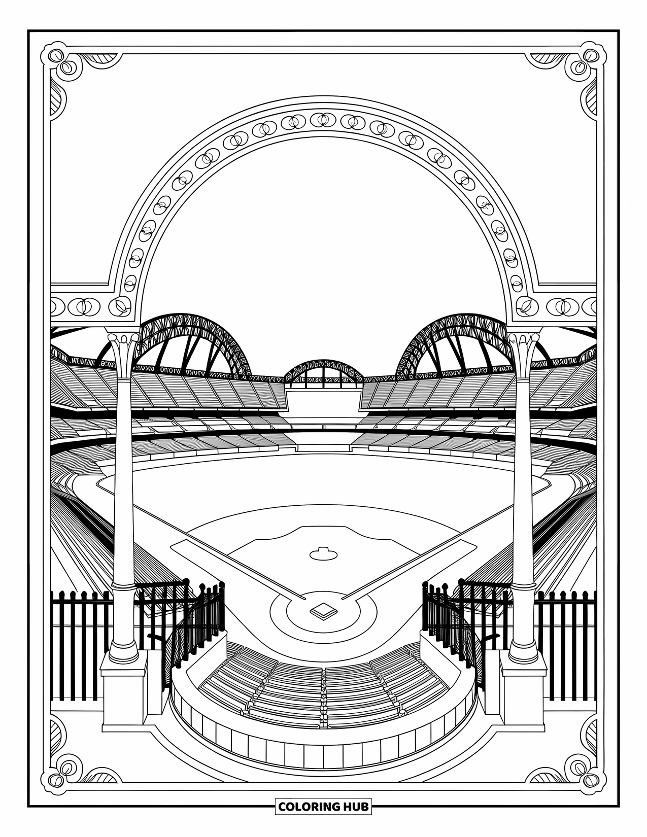 Desen de colorat cu baseball pentru adulți: Un stadion grandios de baseball cu arcade complicate și ornamente elegante umple scena detaliată