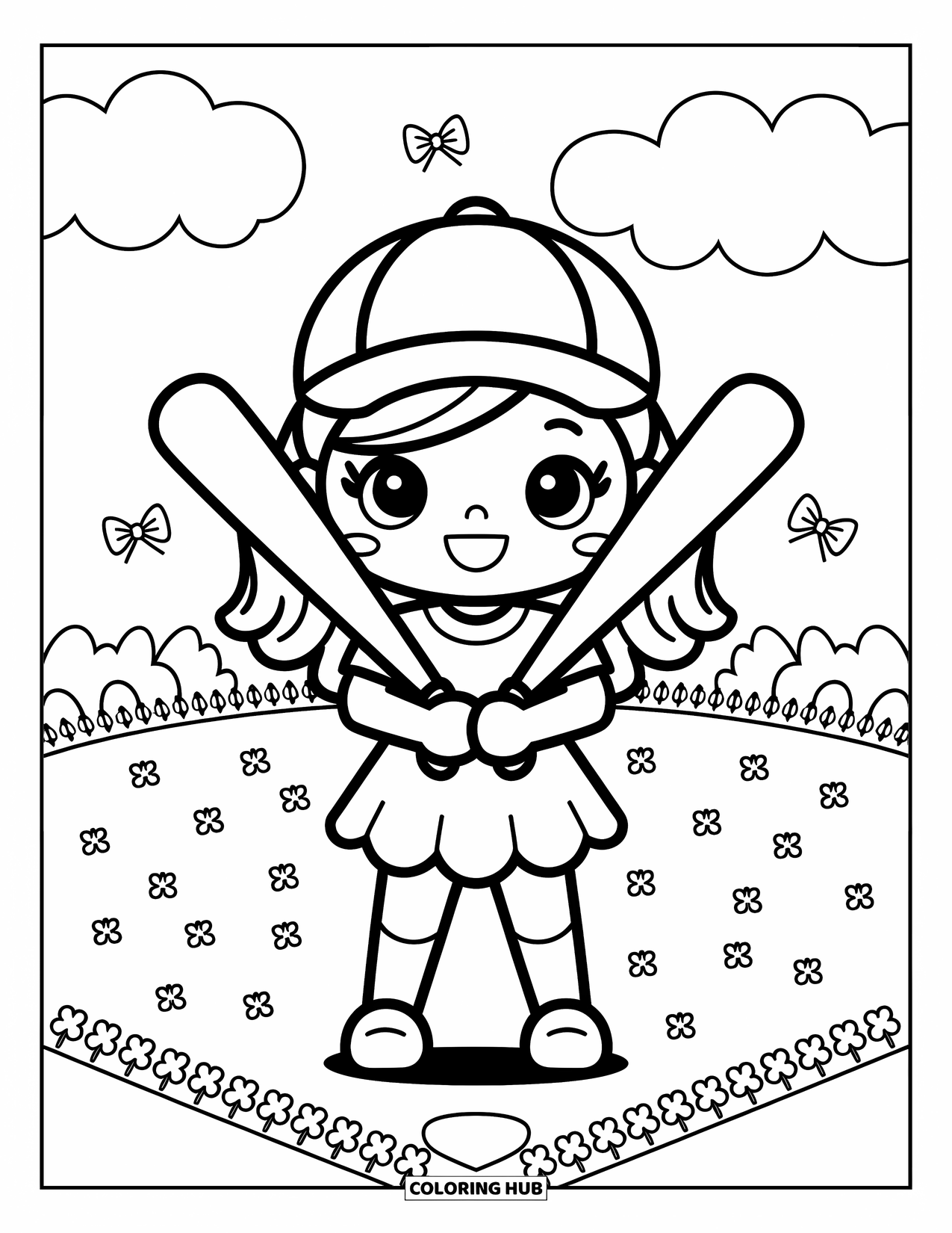 Desen de colorat cu baseball pentru adulți: O fată fericită, jucătoare de baseball, stă ținând două bâte încrucișate cu fundițe și trifoi în jur