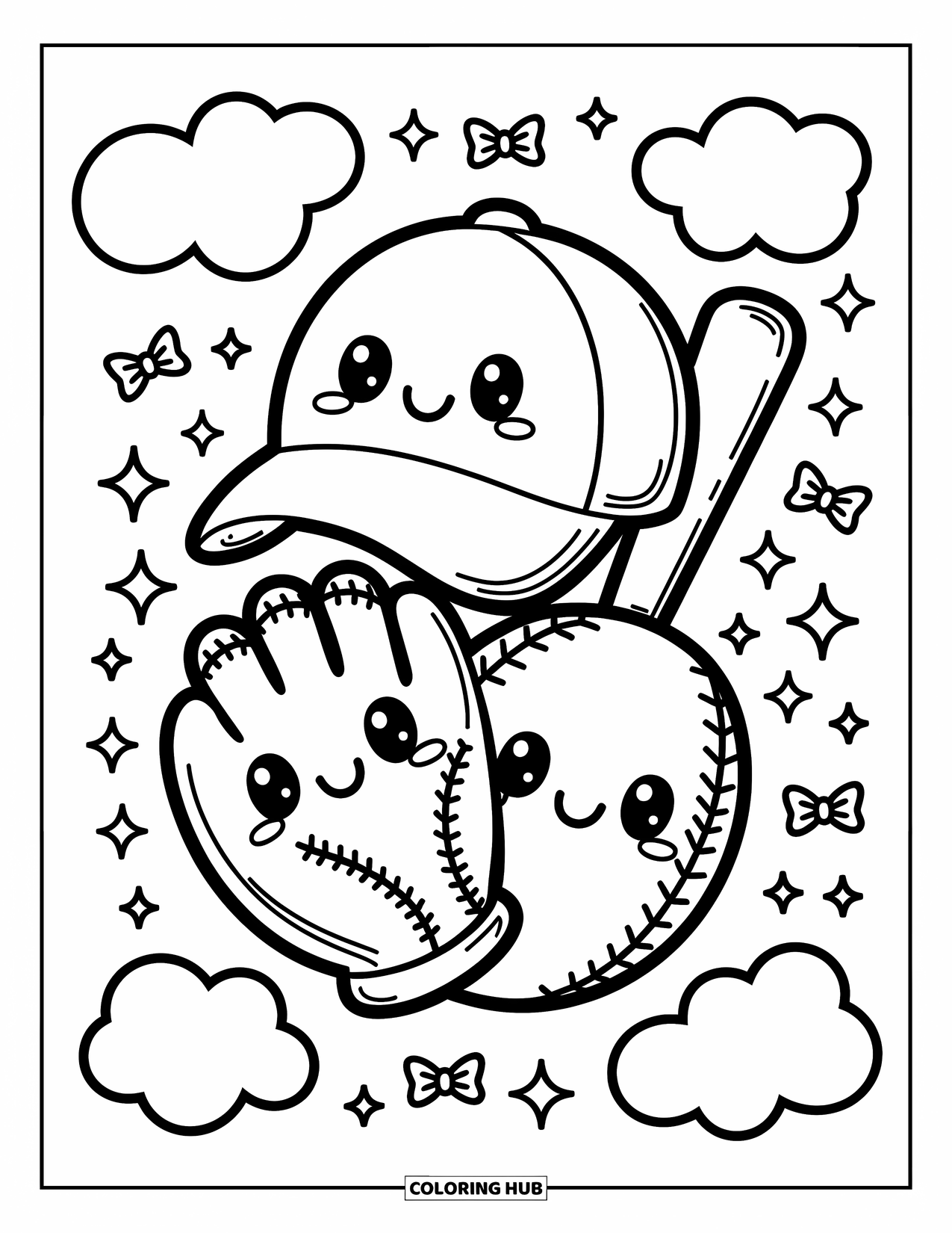 Desen de colorat cu baseball pentru adulți: O șapcă, o mănușă și o bâtă fericite, cu fețe zâmbitoare, stau împreună cu sclipiri și nori