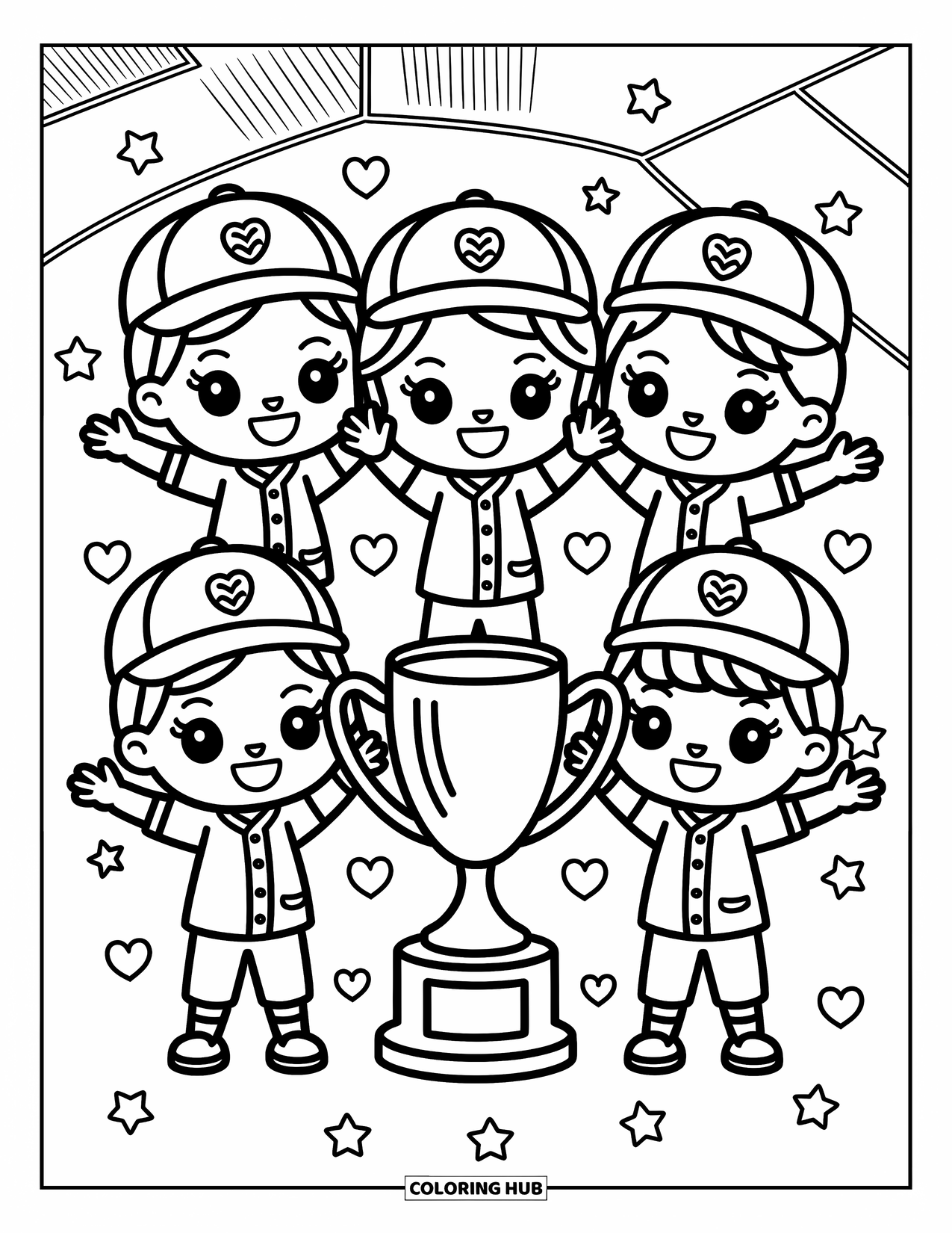 Desen de colorat cu baseball pentru adulți: Un grup fericit de copii jucători de baseball pozează cu un trofeu înconjurat de stele și flori