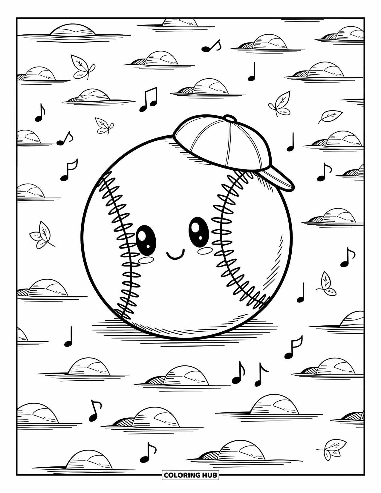 Desen de colorat cu baseball pentru adulți: O minge de baseball fericită, supradimensionată, cu o șapcă se rostogolește printr-un câmp cu note muzicale și fluturi