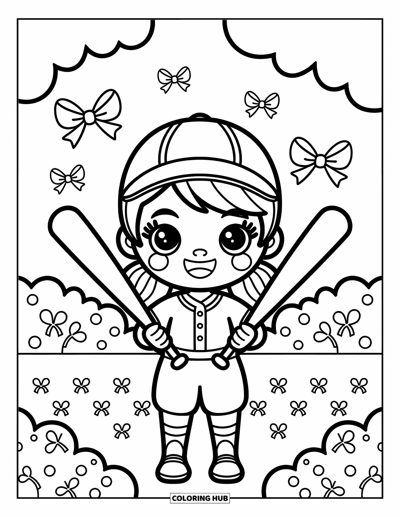 Desen de colorat cu baseball pentru adulți: O fată bucuroasă, jucătoare de baseball, ține două bâte încrucișate cu trifoi și fundițe în fundal