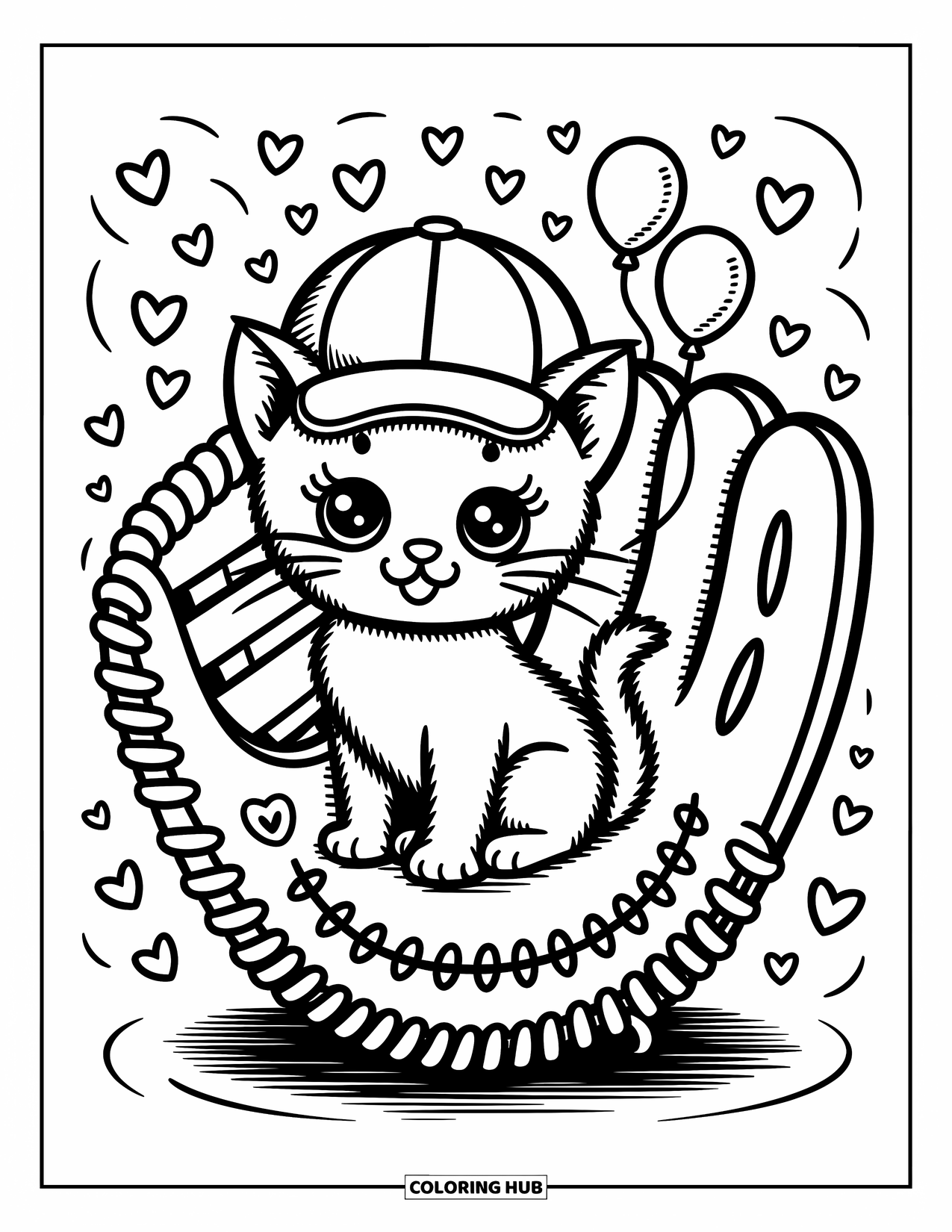 Desen de colorat cu baseball pentru adulți: Un pisoi cu o șapcă mare de baseball stă într-o mănușă cu inimioare și baloane în apropiere