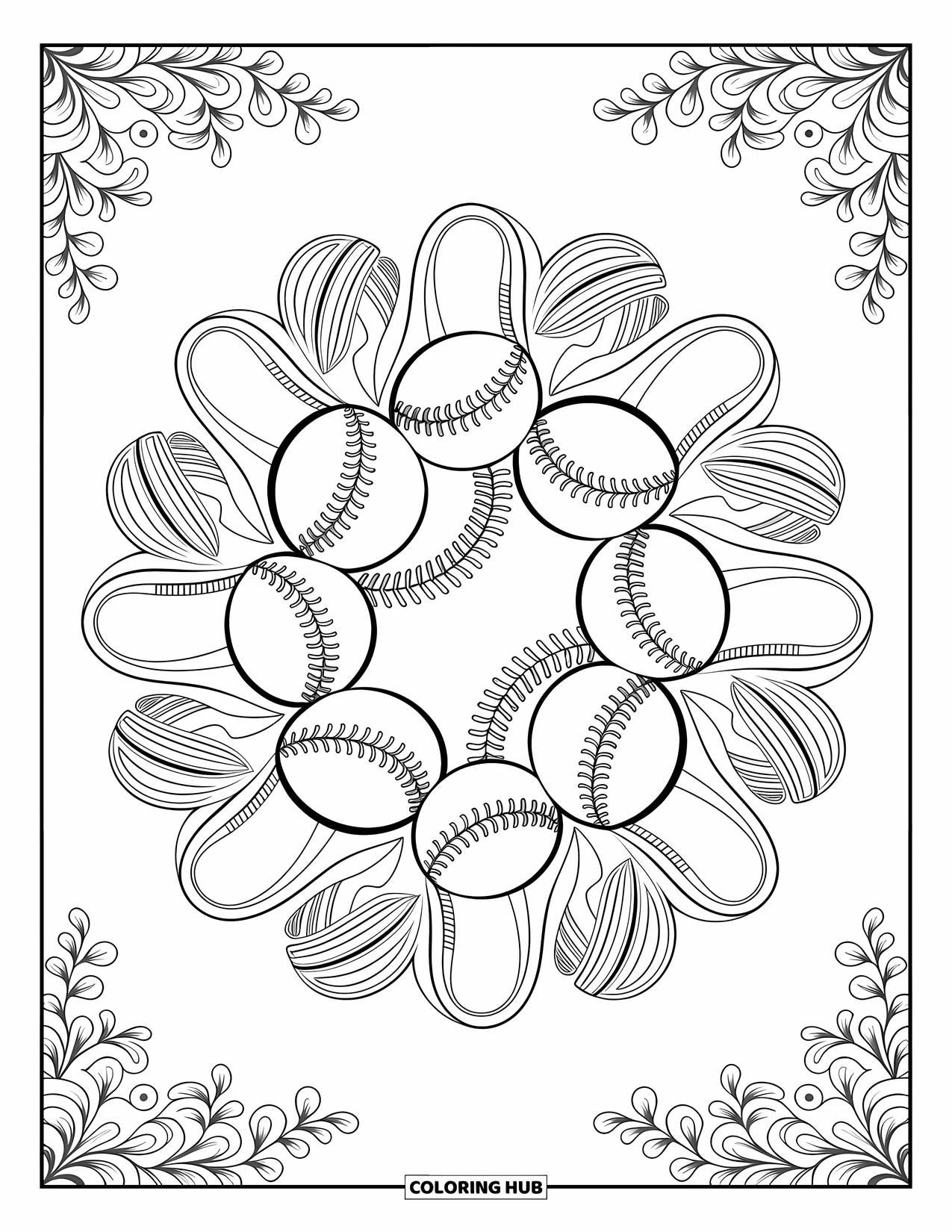 Desen de colorat cu baseball pentru adulți: O mandala cu mingi de baseball, bâte și mănuși suprapuse este înconjurată de borduri florale vârtejite
