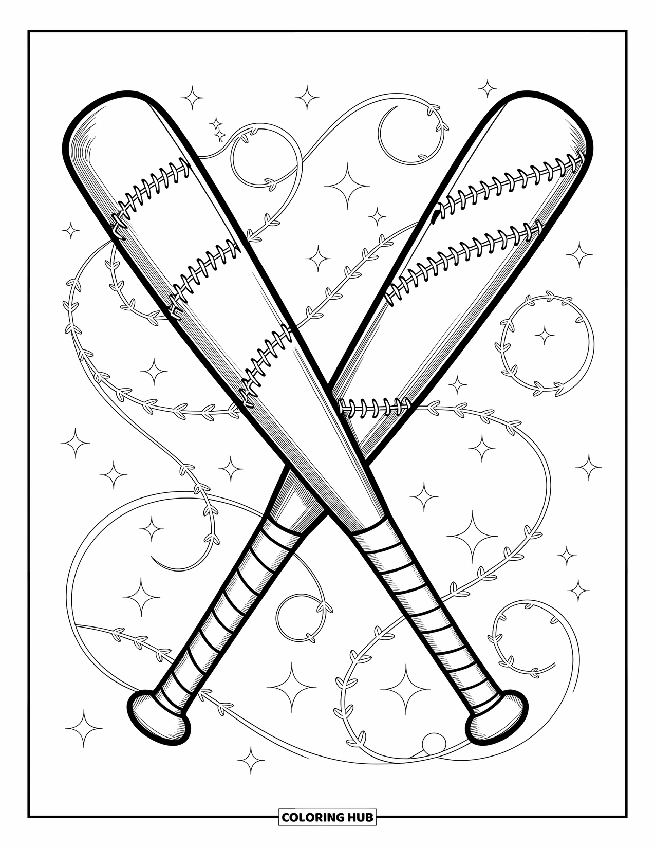 Desen de colorat cu baseball pentru adulți: O pereche de bâte de baseball cu viță de vie și stele iese în evidență cu modele detaliate în jurul lor