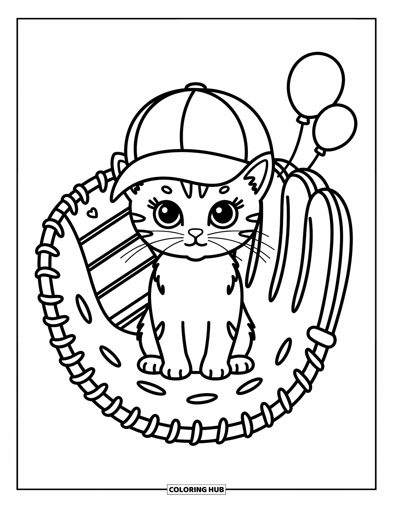 Desen de colorat cu baseball pentru adulți: Un pisoi jucăuș purtând o șapcă mare de baseball se odihnește într-o mănușă cu inimioare și baloane