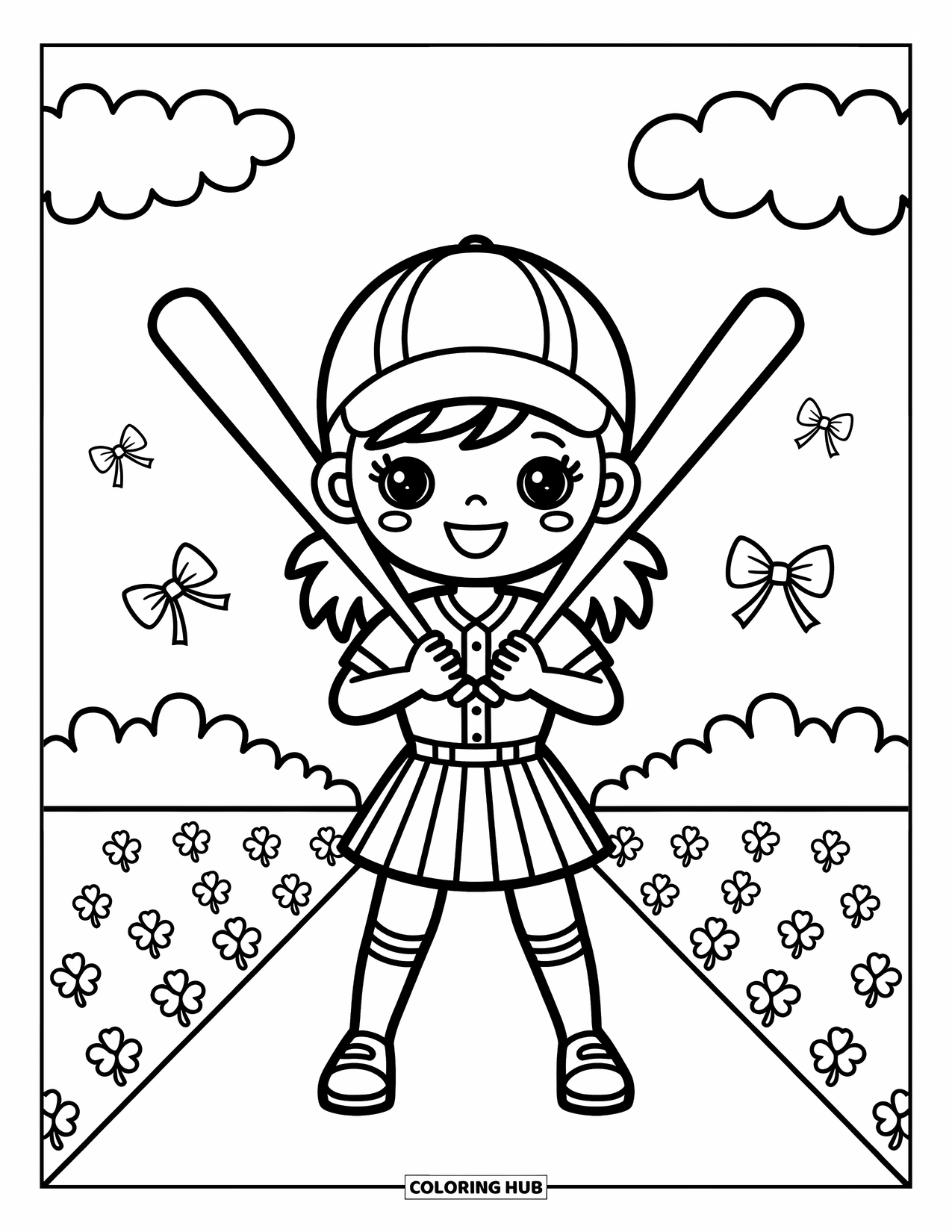 Desen de colorat cu baseball pentru adulți: O fată de baseball zâmbitoare stă mândră cu două bâte încrucișate și funde plutitoare în apropiere