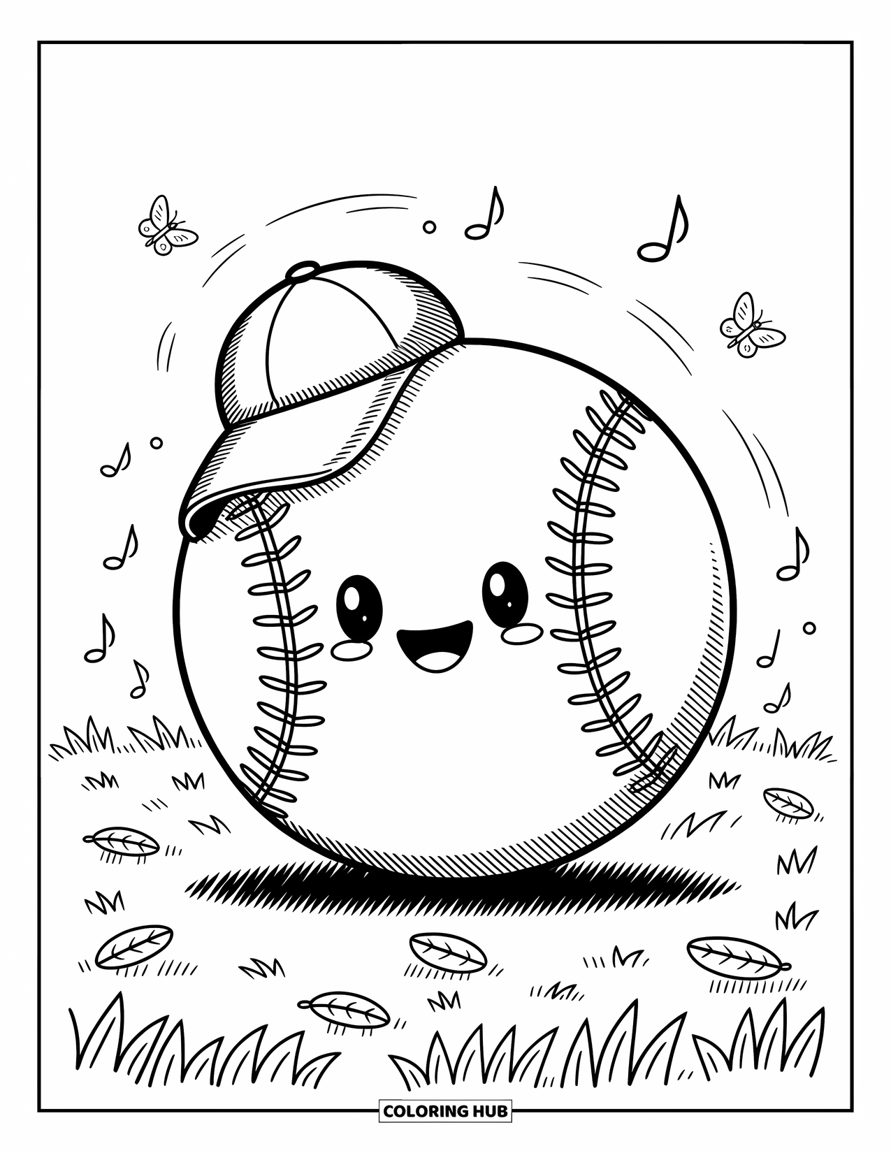 Desen de colorat cu baseball pentru adulți: O minge de baseball zâmbitoare cu o șapcă mică se rostogolește printr-un câmp cu frunze și fluturi