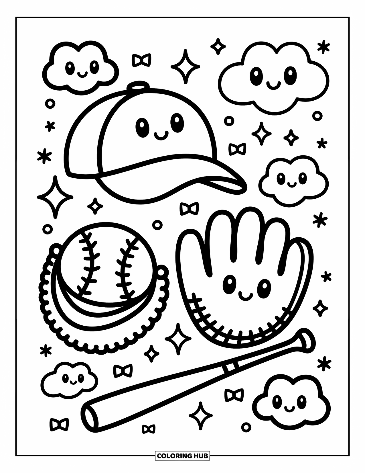 Desen de colorat cu baseball pentru adulți: O șapcă, o mănușă și o bâtă zâmbitoare sunt încadrate de stele jucăușe, fundițe și nori moi