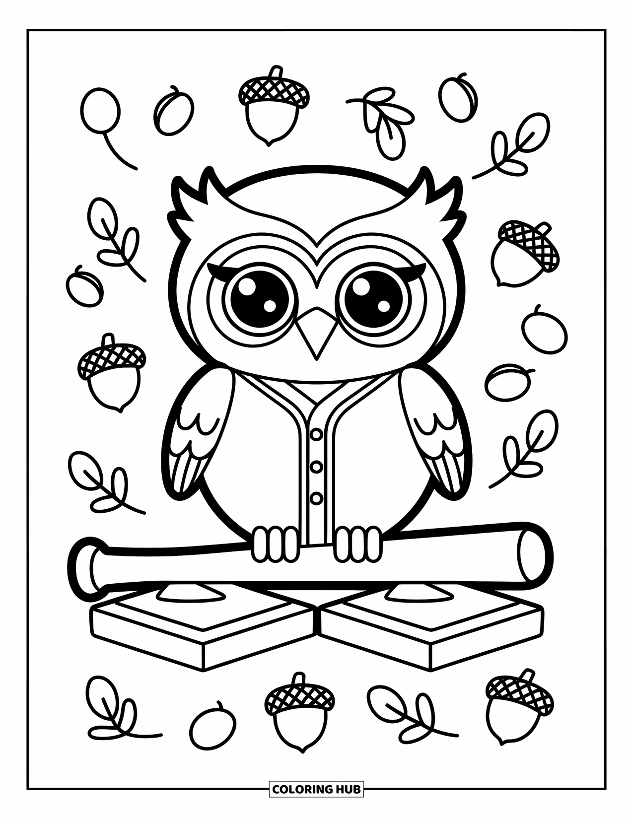 Desen de colorat cu baseball pentru adulți: O bufniță mică într-o uniformă de baseball stă pe o bâtă cu vârtejuri și frunze în jur