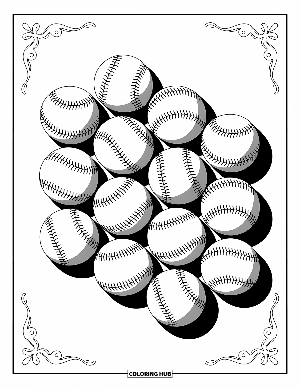 Desen de colorat cu baseball pentru adulți: Un aranjament artistic de mingi de baseball cu modele complicate de cusături și modele elegante în jur