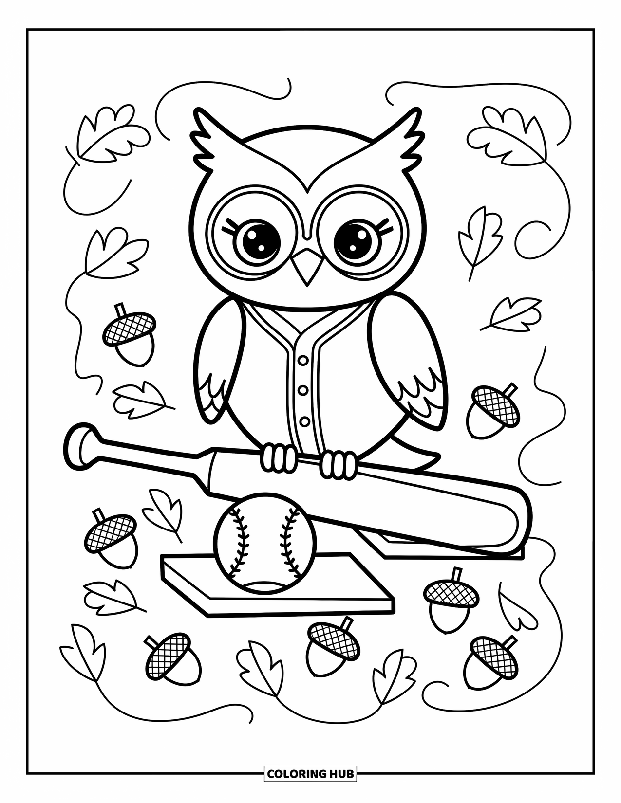 Desen de colorat cu baseball pentru adulți: O bufniță într-o uniformă mică de baseball stă pe o bâtă între două baze cu ghinde în apropiere