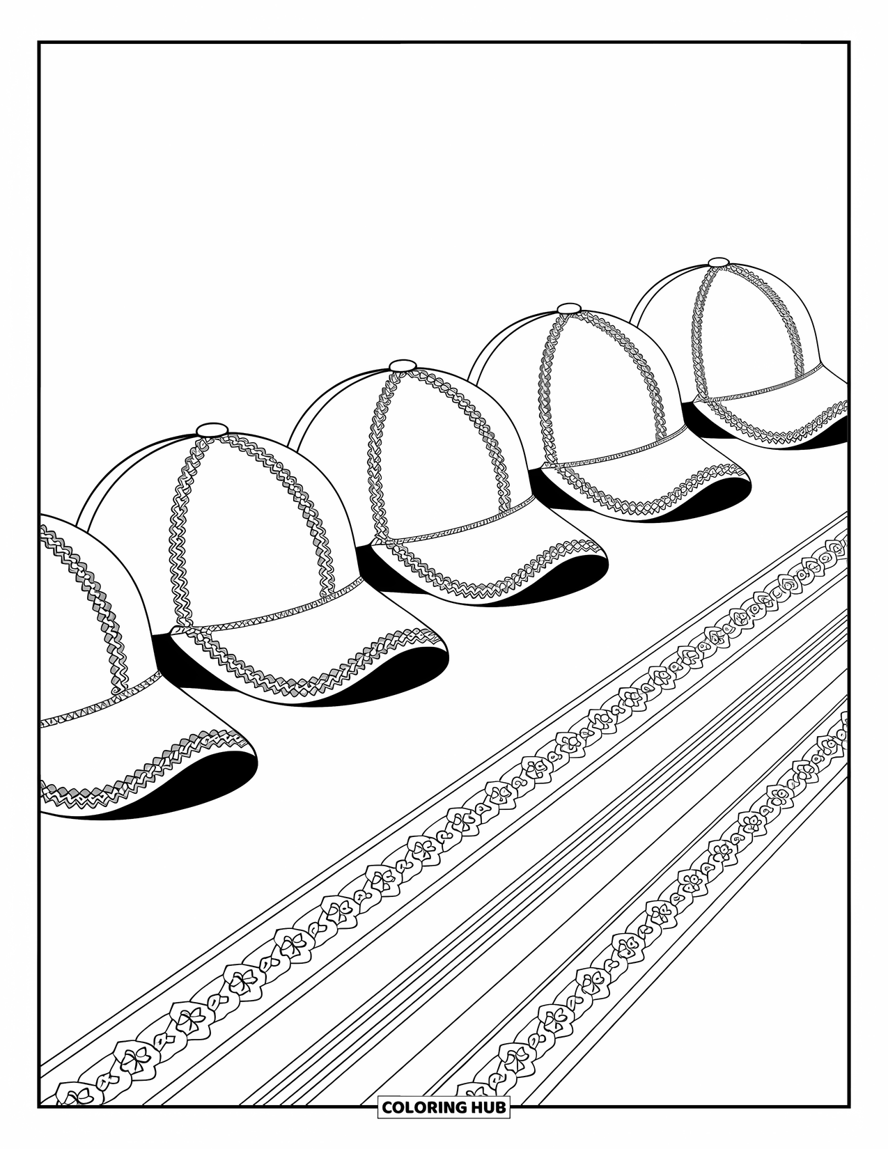 Desen de colorat cu baseball pentru adulți: Șepci de baseball cu modele ornamentate sunt încadrate de borduri delicate și modele detaliate