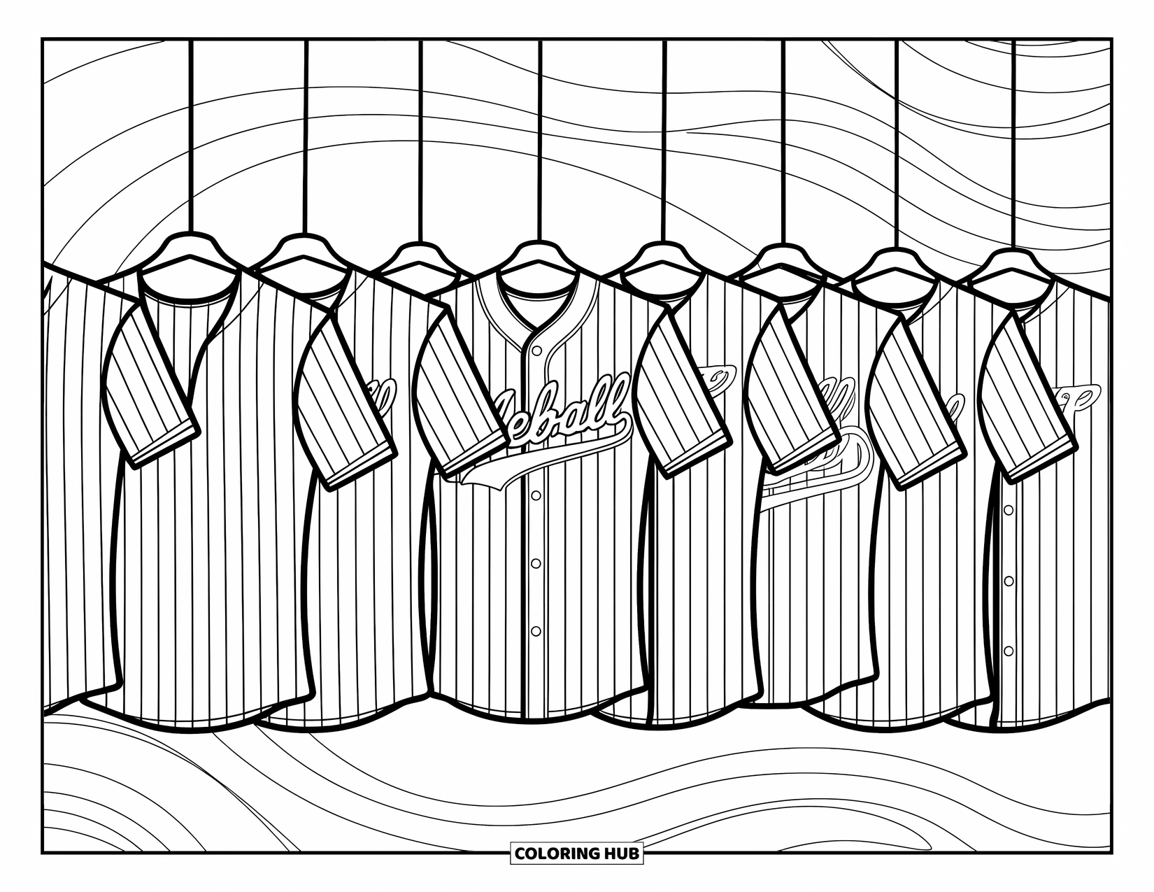 Desen de colorat cu baseball pentru adulți: Tricouri de baseball cu modele ornamentate atârnă pe un fundal cu detalii elegante