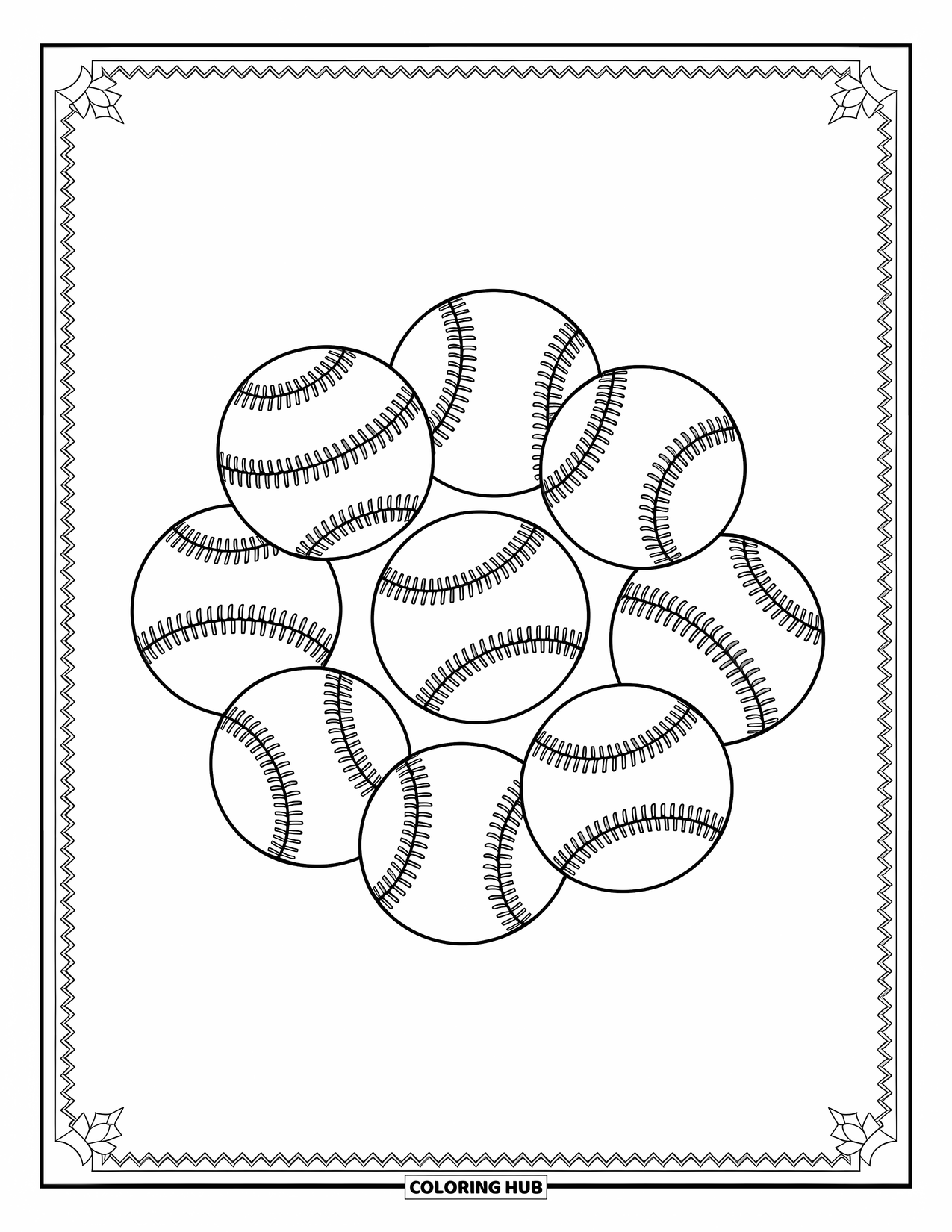 Desen de colorat cu baseball pentru adulți: Mingi de baseball cu modele unice de cusături sunt înconjurate de borduri ornamentate și modele delicate