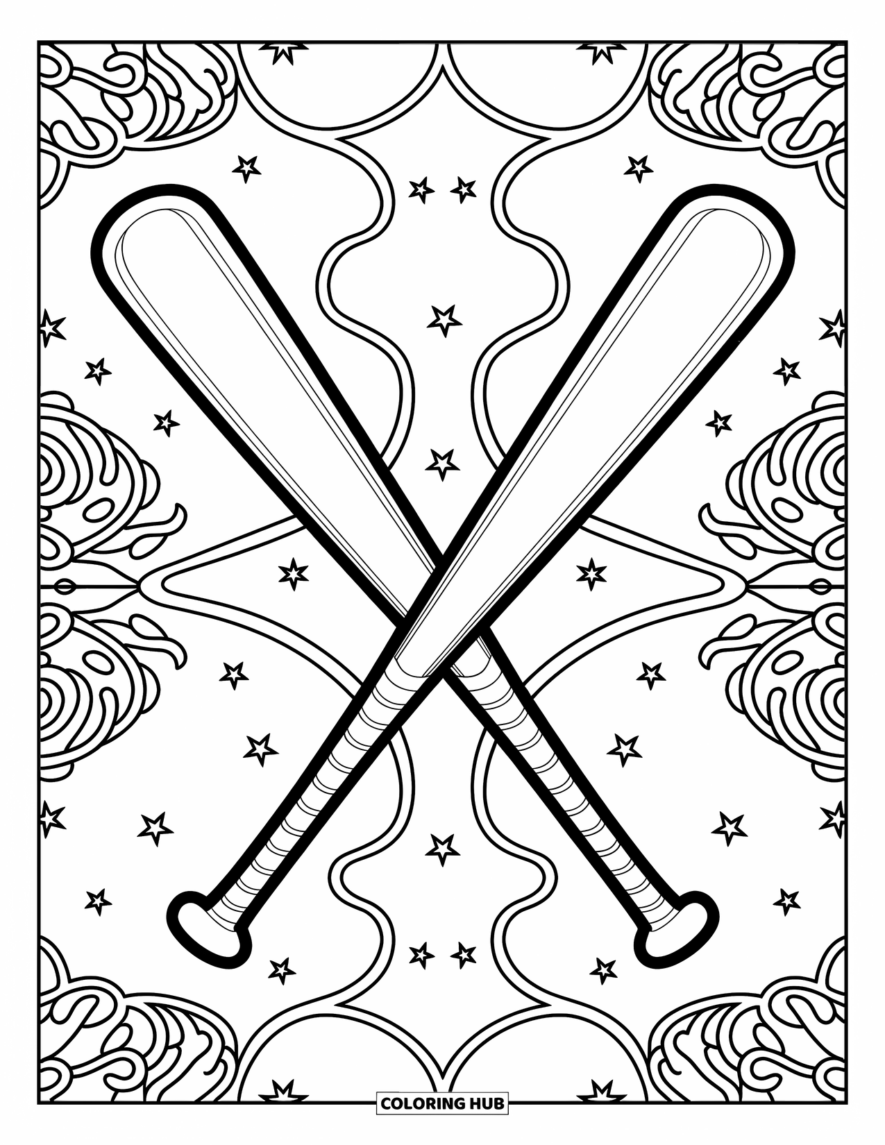 Desen de colorat cu baseball pentru adulți: Bâte de baseball încrucișate cu viță de vie ondulată și stele sunt încadrate de modele decorative complicate
