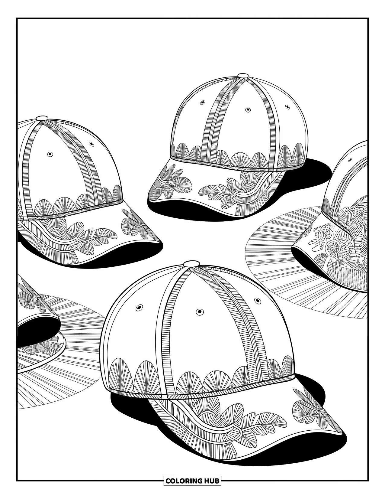 Desen de colorat cu baseball pentru adulți: Șepci de baseball cu modele cu linii fine sunt înconjurate de fundaluri și motive complicate