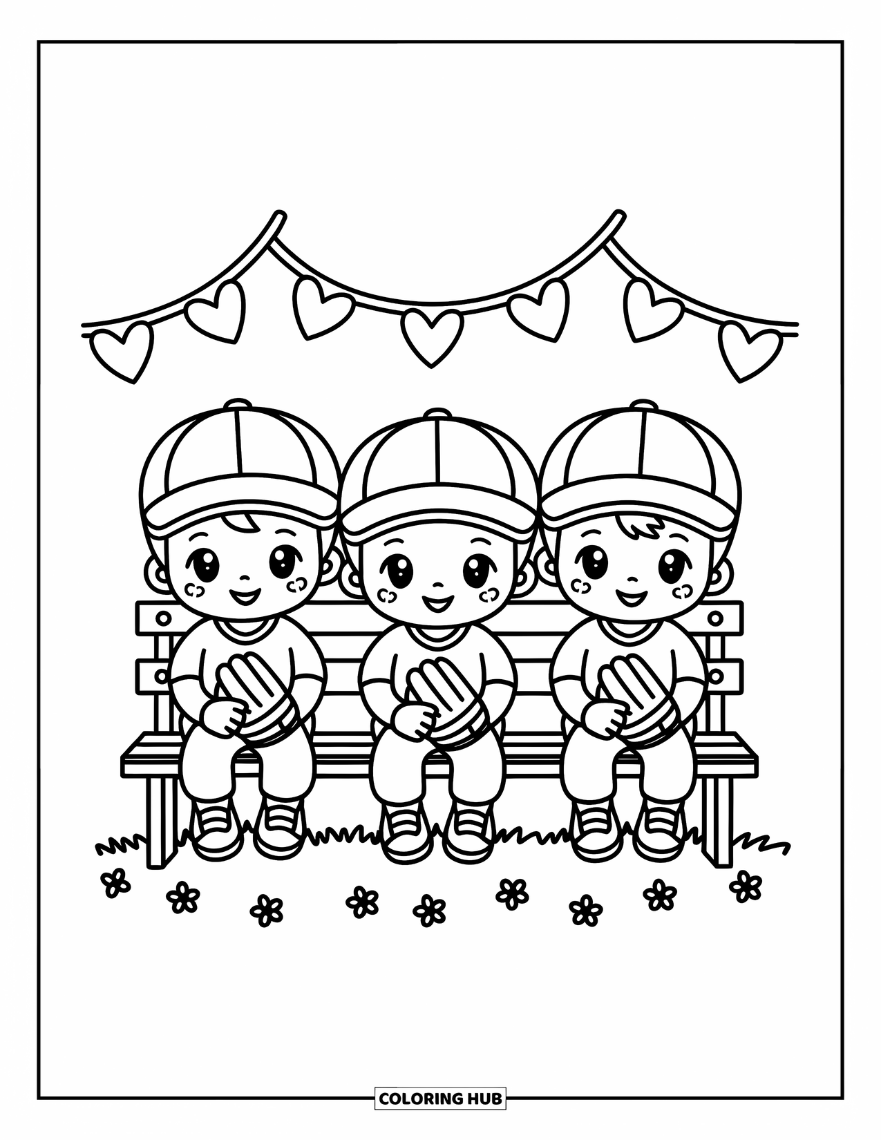 Desen de colorat cu baseball pentru adulți: Trei băieți chibi stau pe o bancă cu ghirlande de inimioare și flori în jurul lor