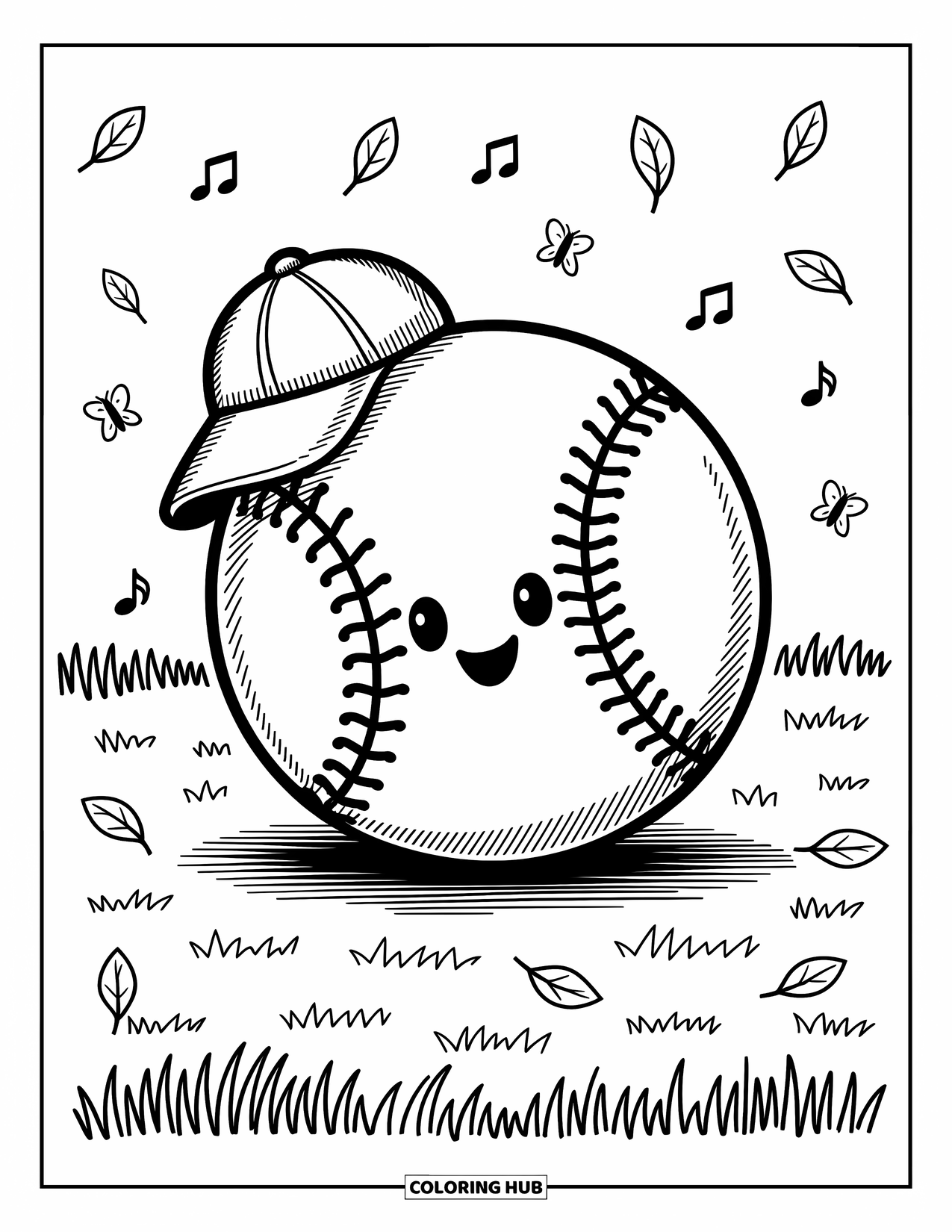 Desen de colorat cu baseball pentru adulți: Trei băieți fericiți stau ținând mănuși pe o bancă cu ghirlande de inimioare și flori mici