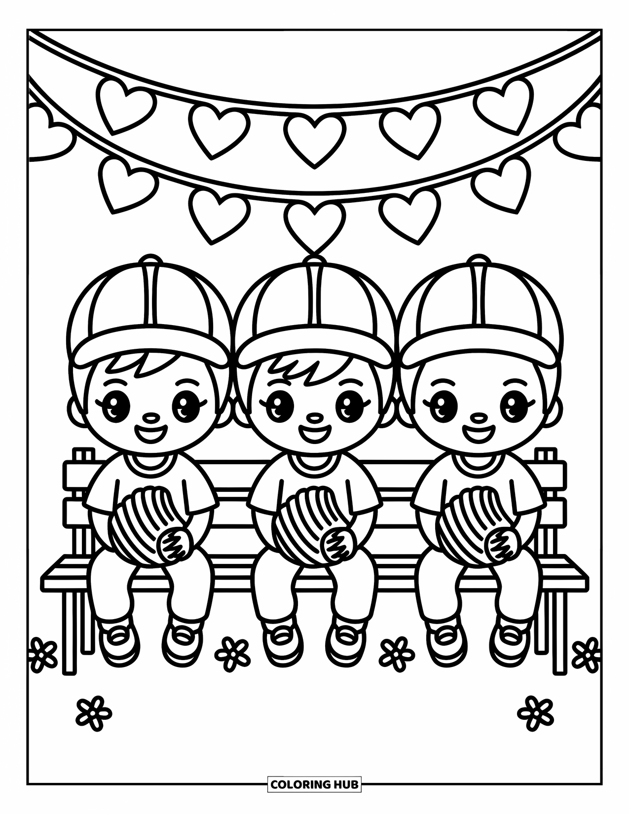 Desen de colorat cu baseball pentru adulți: Trei băieți zâmbitori stau împreună pe o bancă cu inimioare atârnate deasupra și flori dedesubt