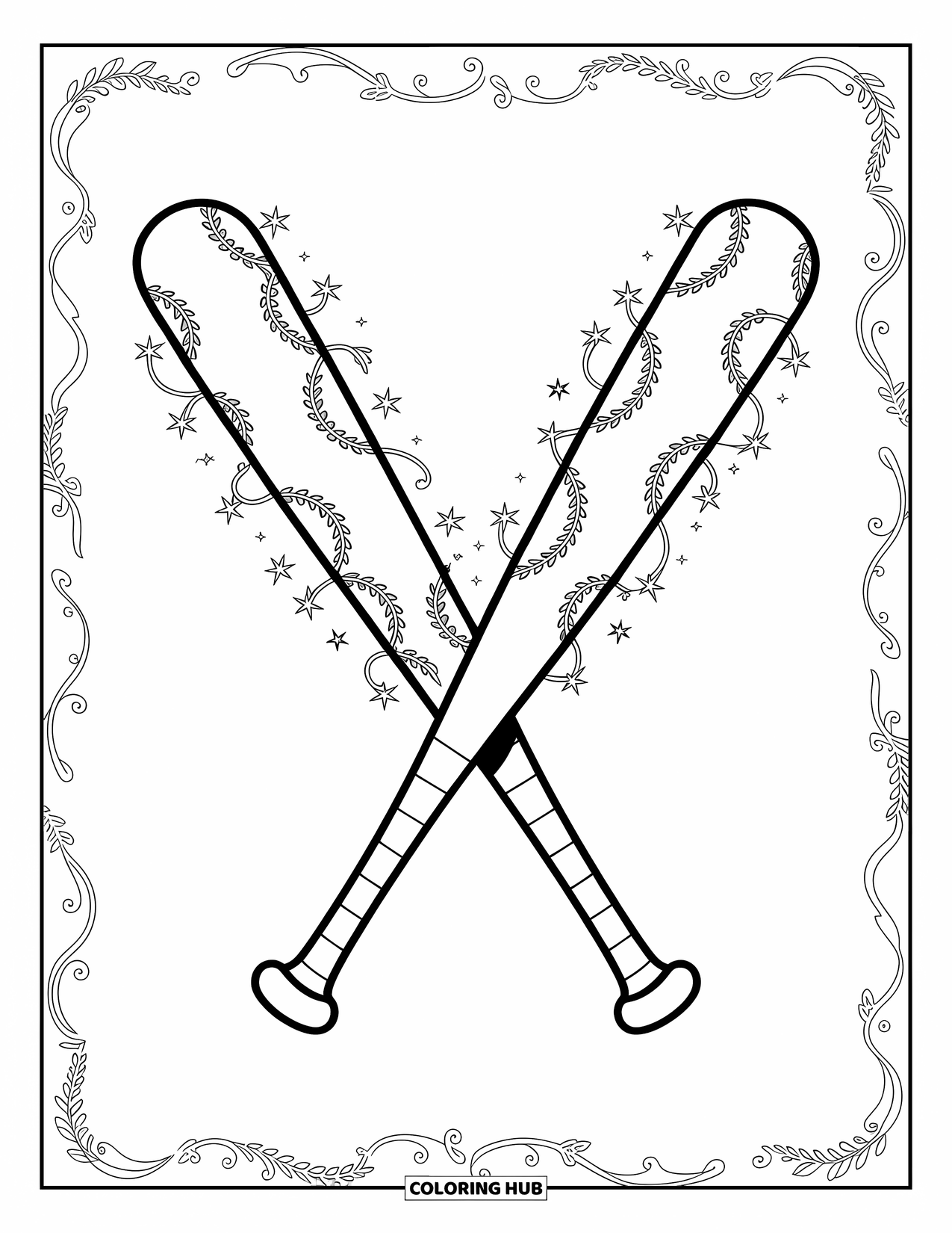 Desen de colorat cu baseball pentru adulți: Două bâte de baseball încrucișate, înfășurate în viță de vie și stele, stau cu modele vârtejite în jurul lor