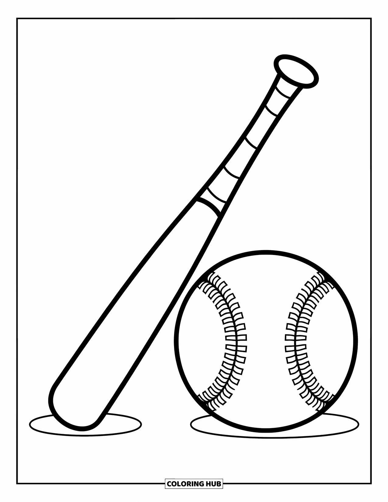 Desen de colorat cu baseball pentru copii: O bâtă de baseball și o minge mare stau una lângă alta cu cusături clare