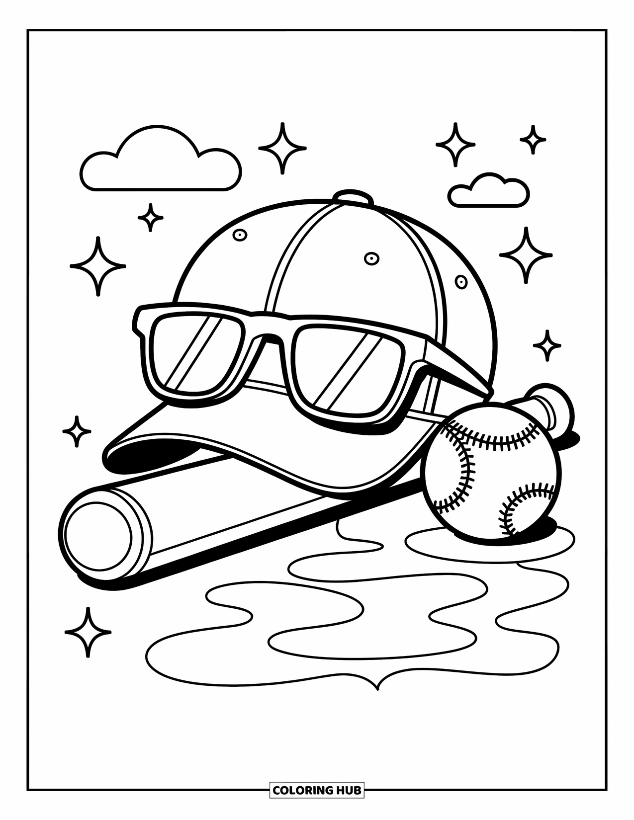 Desen de colorat cu baseball pentru copii: O șapcă de baseball și ochelari de soare se sprijină pe o bâtă și o minge cu detalii mici, jucăușe
