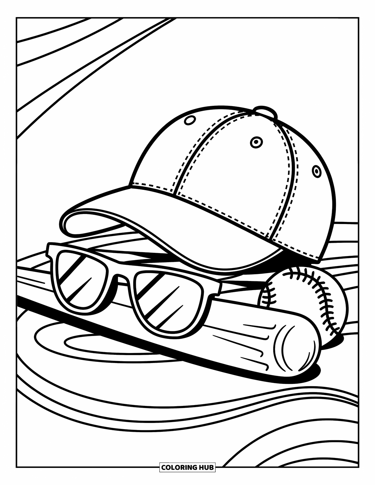 Desen de colorat cu baseball pentru copii: O șapcă de baseball și ochelari de soare stau ordonat pe o bâtă și o minge cu curbe vesele