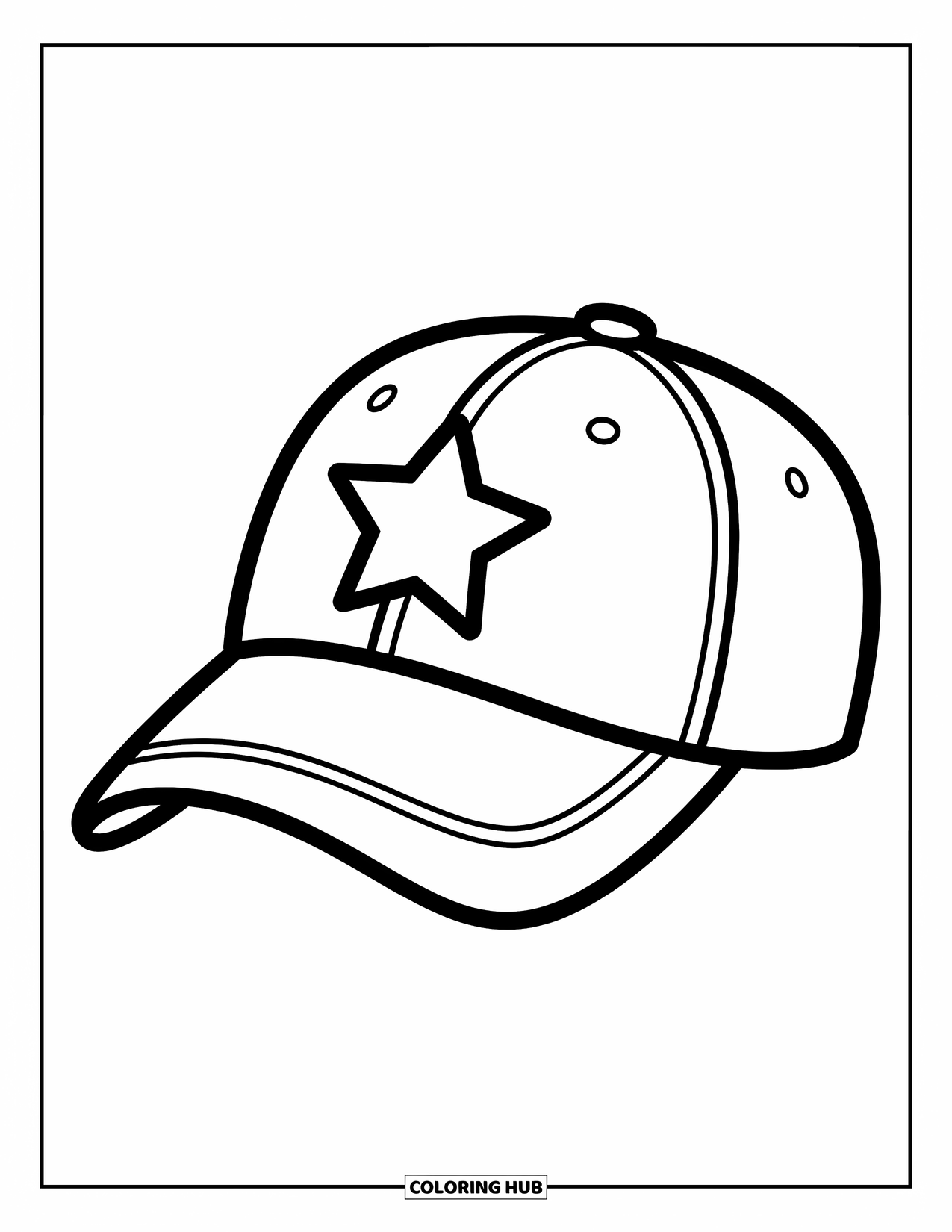 Desen de colorat cu baseball pentru copii: O șapcă de baseball cu o stea mare pe față iese în evidență vesel