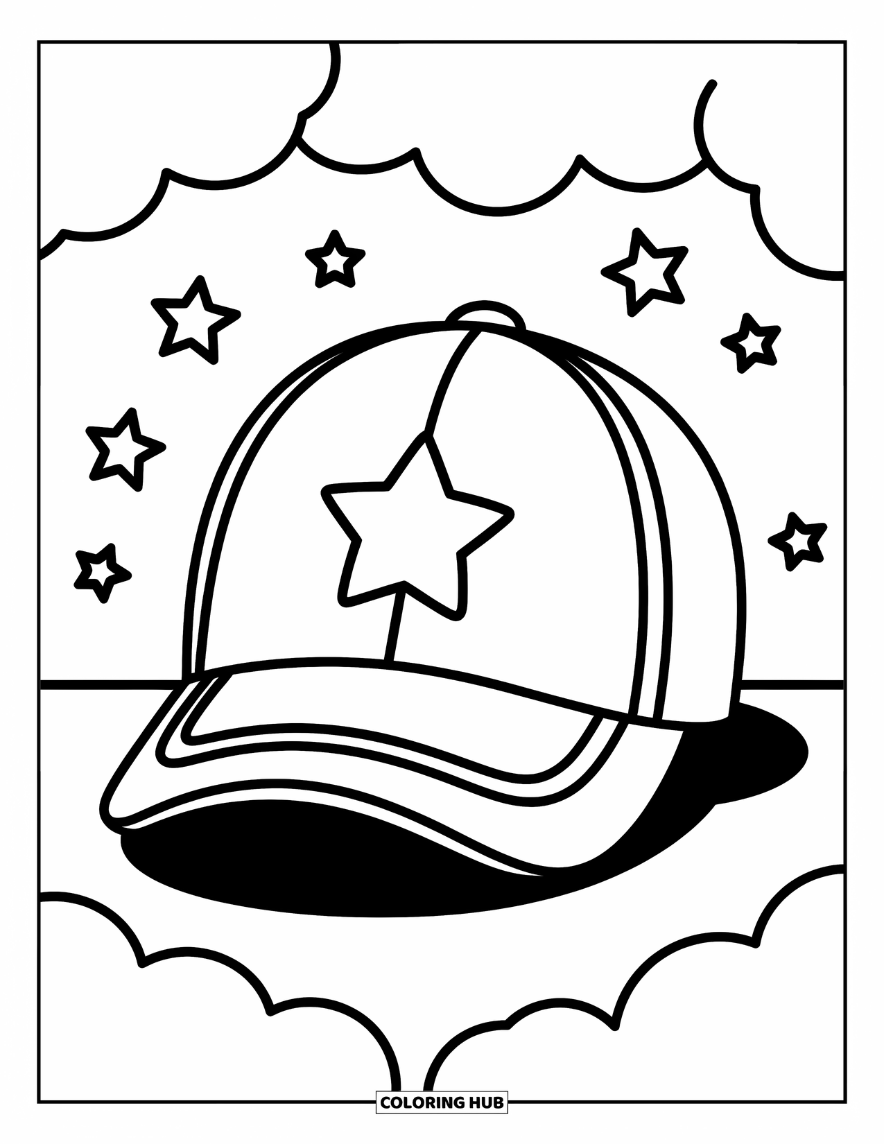 Desen de colorat cu baseball pentru copii: O șapcă de baseball cu o stea pe față și nori moi în spate
