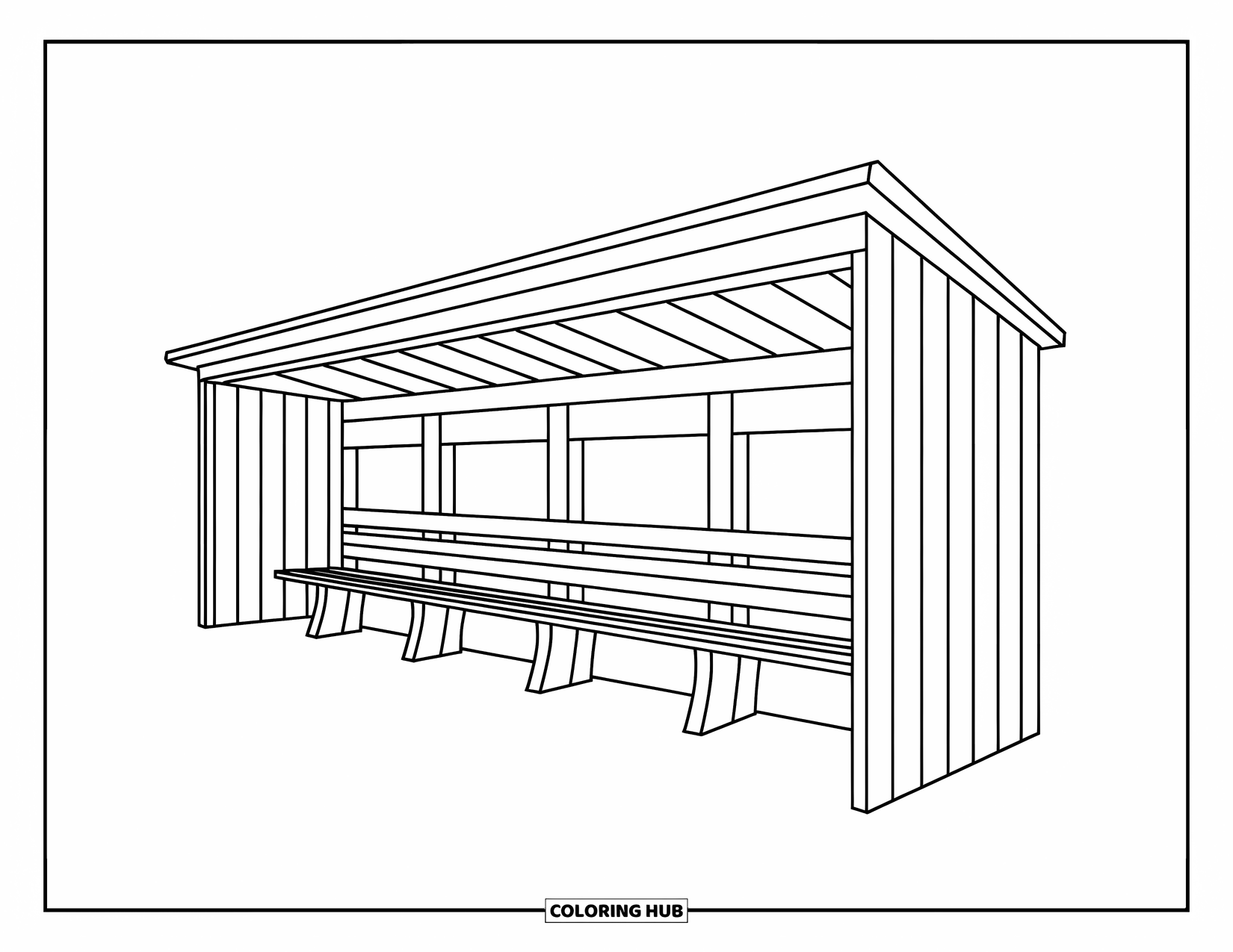 Desen de colorat cu baseball pentru copii: Un dugout de baseball cu bănci și o senzație prietenoasă, jucăușă