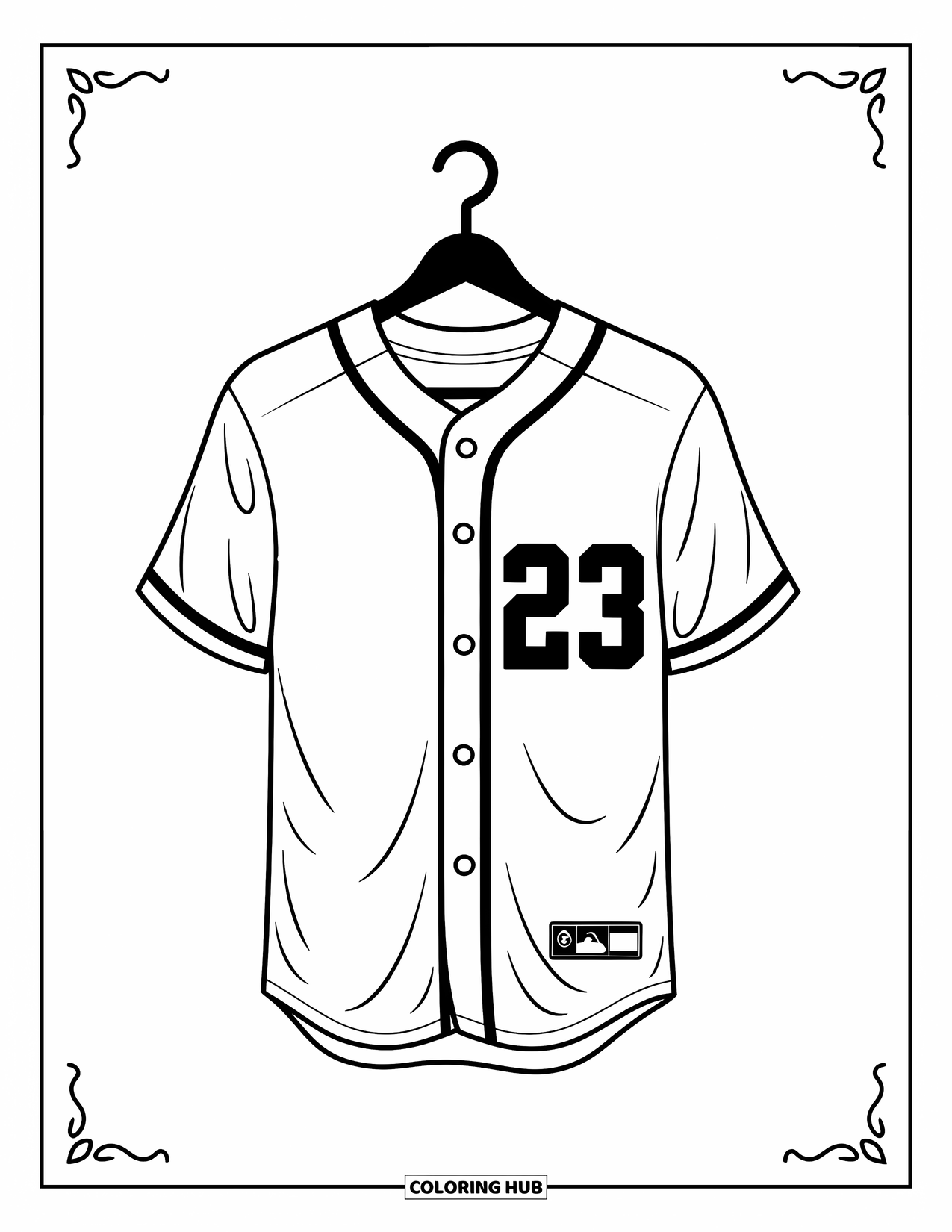 Desen de colorat cu baseball pentru copii: Un tricou de baseball cu numărul 23 atârnă pe un umeraș cu atingeri jucăușe în jur