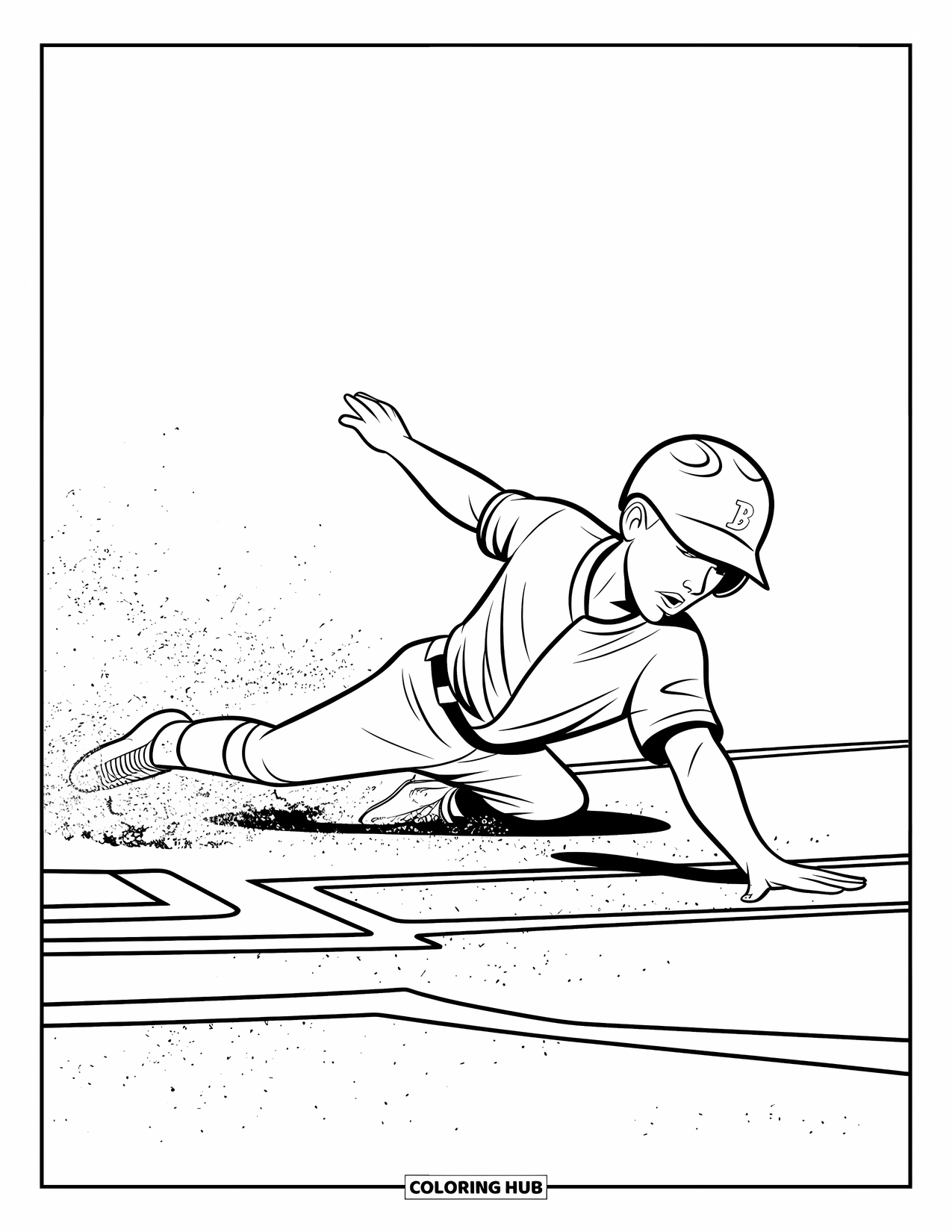 Desen de colorat cu baseball pentru copii: Un jucător de baseball alunecă spre placa de bază, ridicând praf cu energie și mișcare