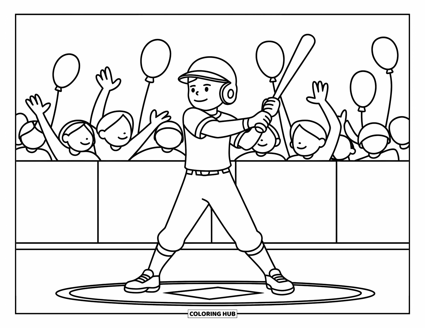 Desen de colorat cu baseball pentru copii: Un jucător de baseball învârte o bâtă de antrenament în cercul de așteptare cu detalii distractive în apropiere