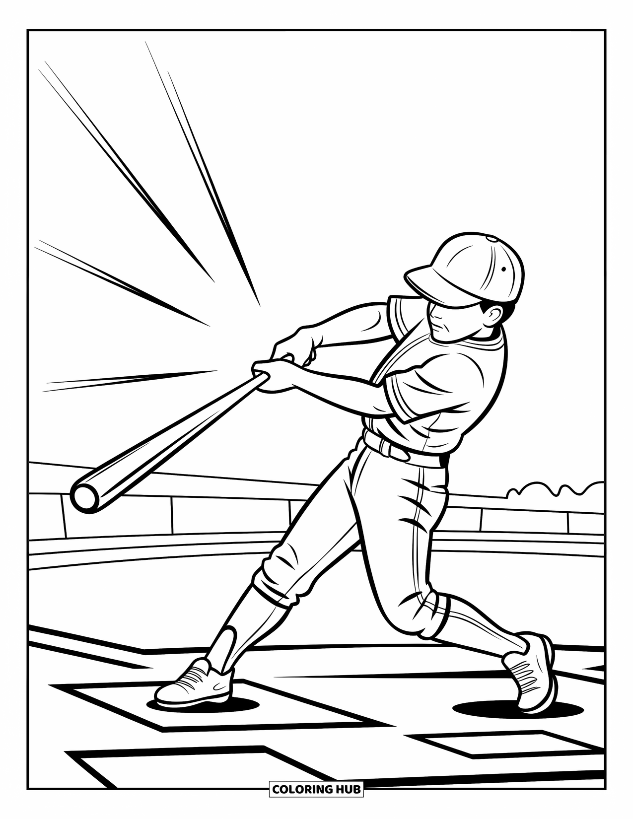 Desen de colorat cu baseball pentru copii: Un jucător de baseball lovește o aruncare cu linii de mișcare care arată entuziasm