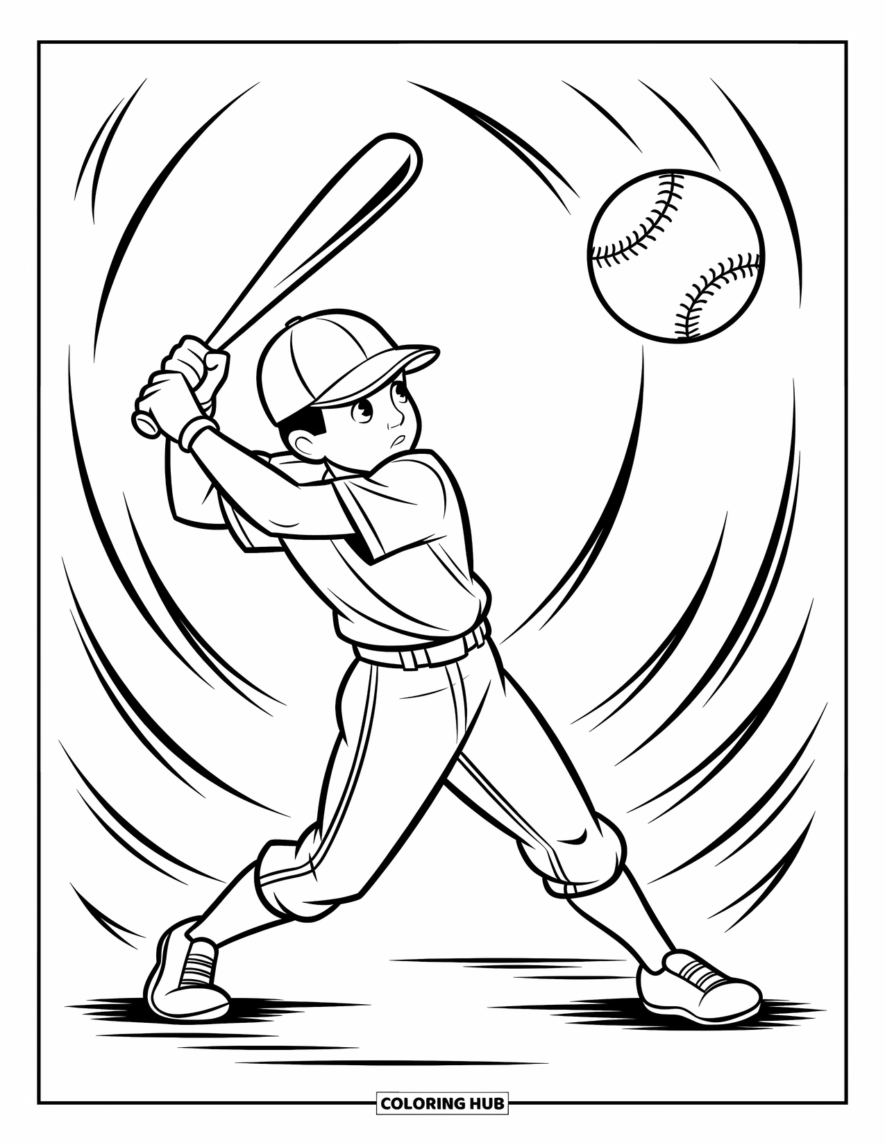 Desen de colorat cu baseball pentru copii: Un jucător de baseball lovește puternic o minge cu linii de mișcare vesele dansând în jur