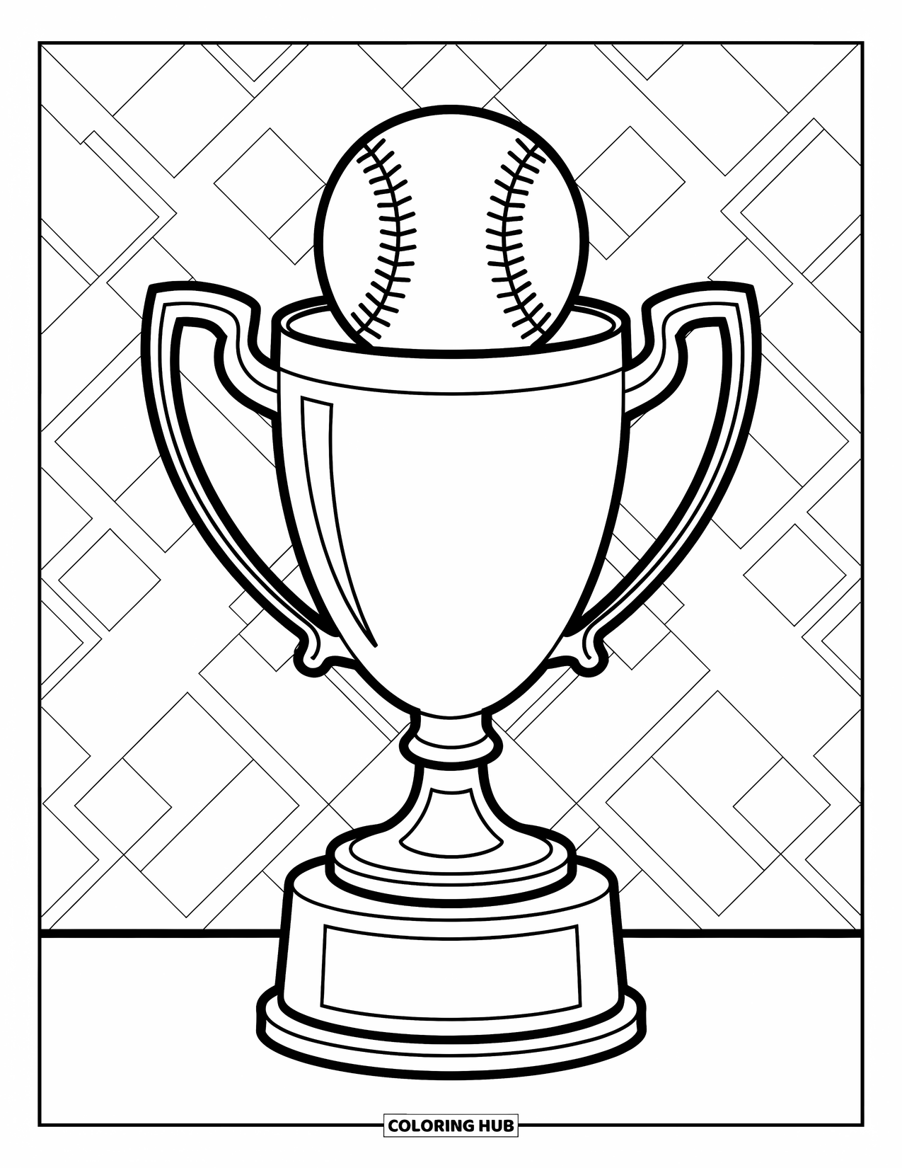 Desen de colorat cu baseball pentru copii: Un trofeu de baseball cu curbe moi și atingeri jucăușe stă mândru