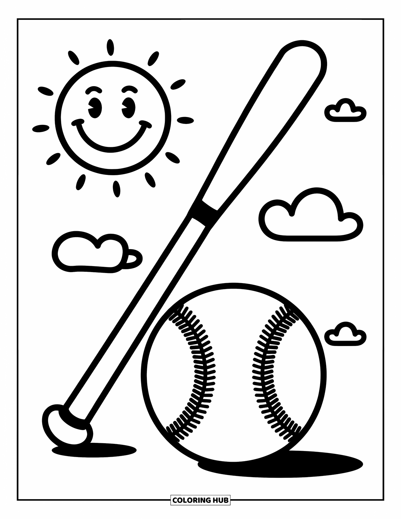 Desen de colorat cu baseball pentru copii: O bâtă și o minge cu cusături stau lângă nori jucăuși și un soare zâmbitor