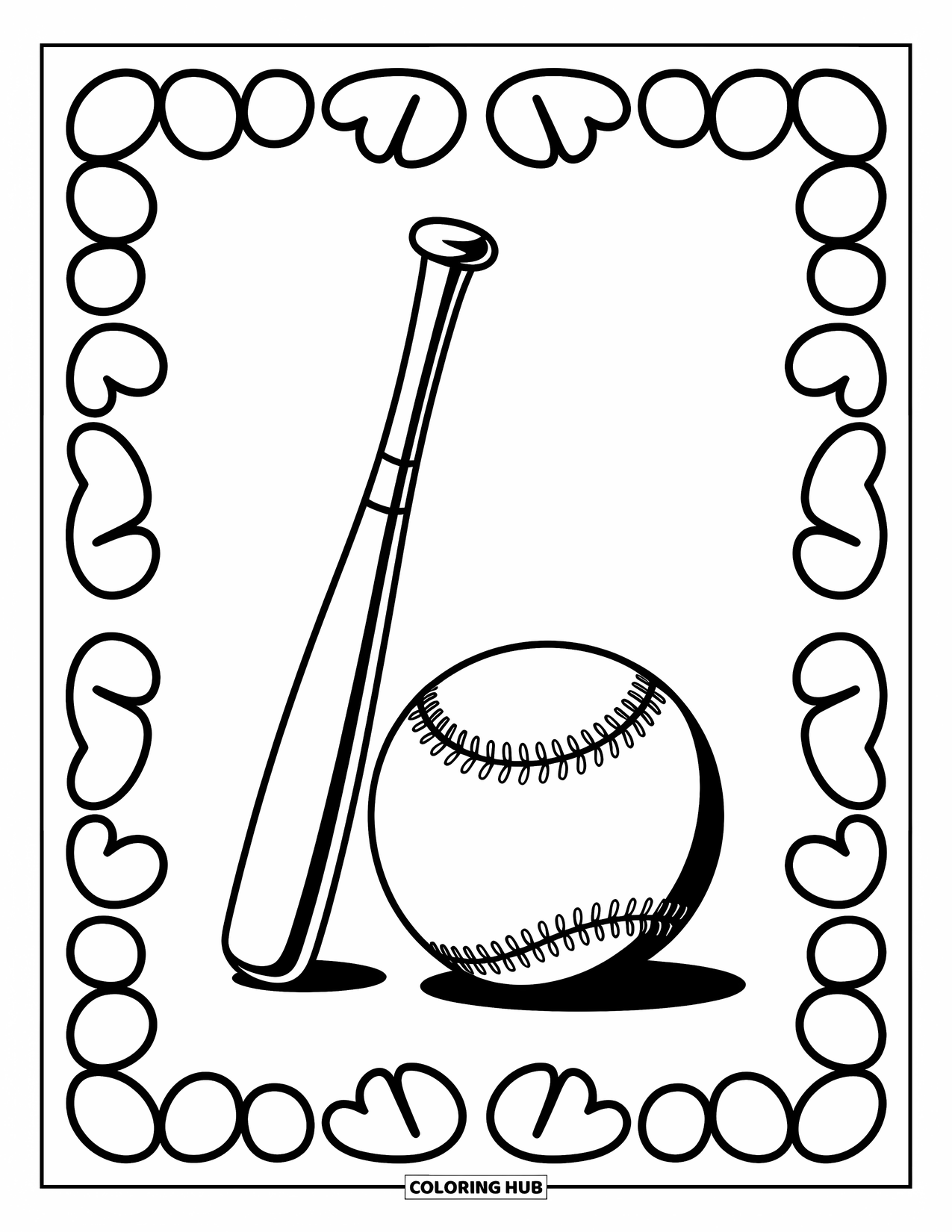 Desen de colorat cu baseball pentru copii: O bâtă și o minge de baseball stau împreună cu forme distractive și o margine veselă