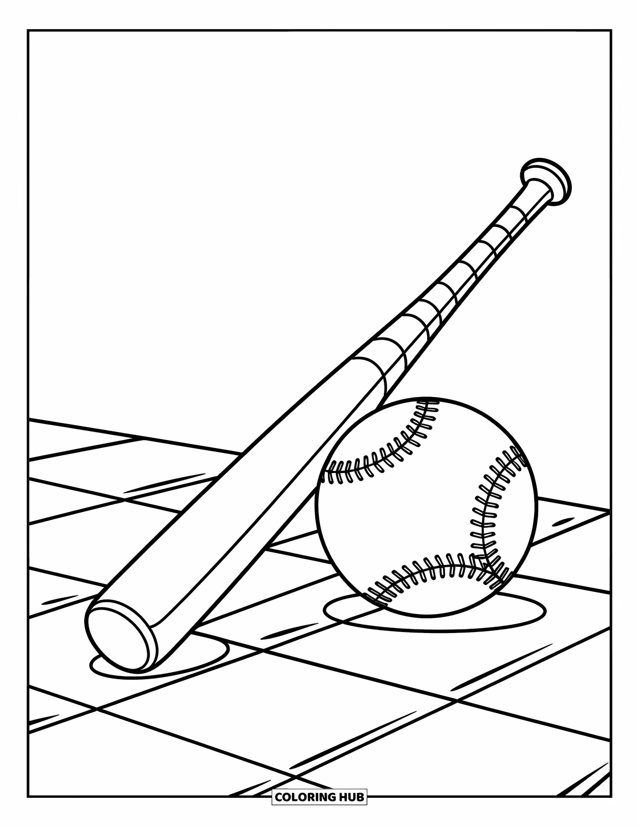 Desen de colorat cu baseball pentru copii: O bâtă și o minge de baseball mare se odihnesc împreună cu o senzație confortabilă, veselă