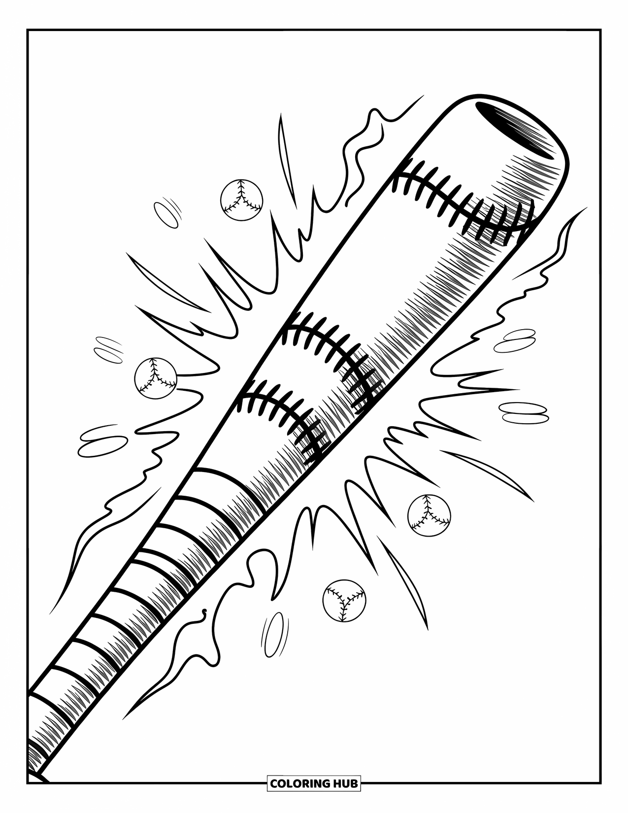 Desen de colorat cu baseball pentru copii: Un mâner de bâtă cu texturi distractive și vârtejuri mici care rulează de-a lungul suprafeței sale