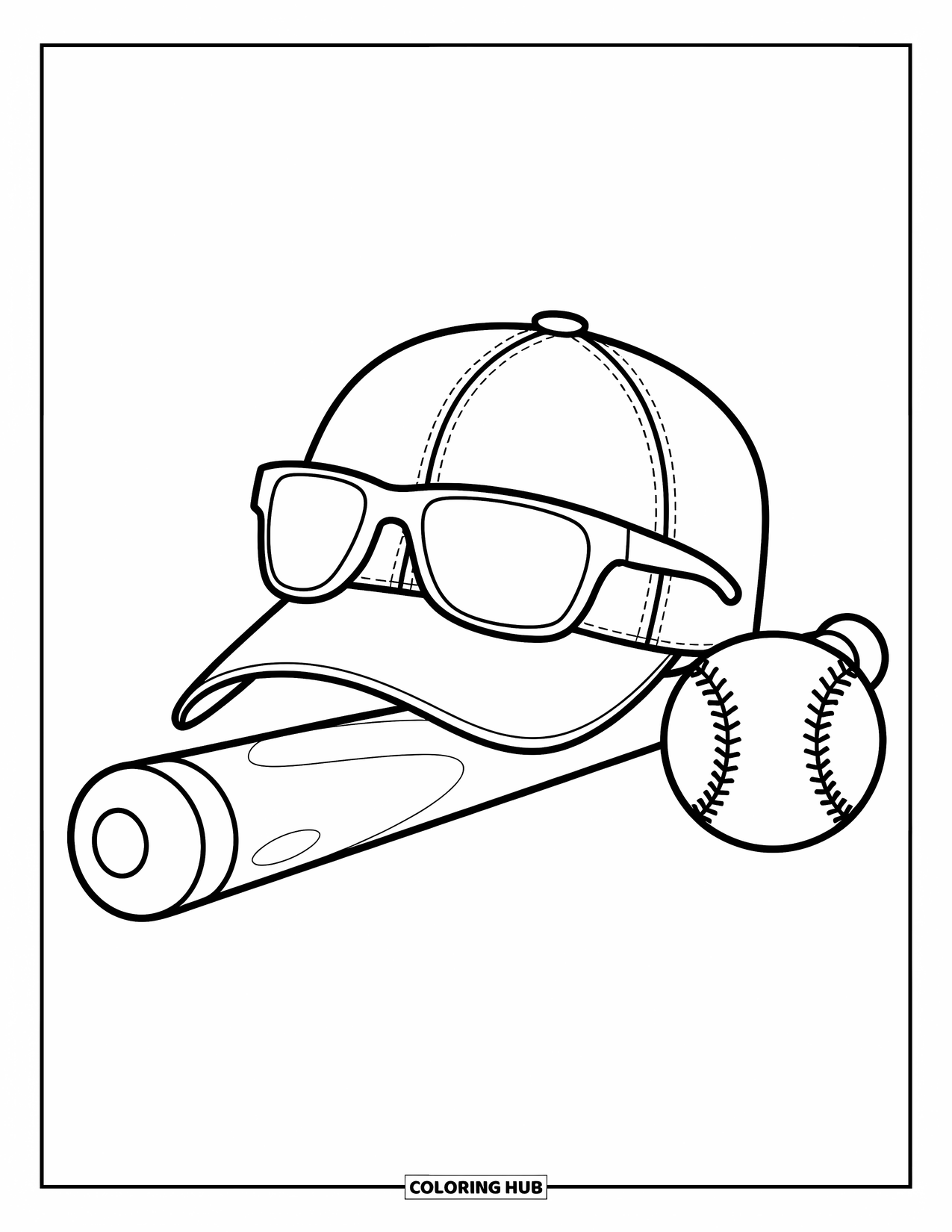 Desen de colorat cu baseball pentru copii: O șapcă și ochelari de soare stau pe o bâtă de baseball și o minge cu atingeri distractive, moderne