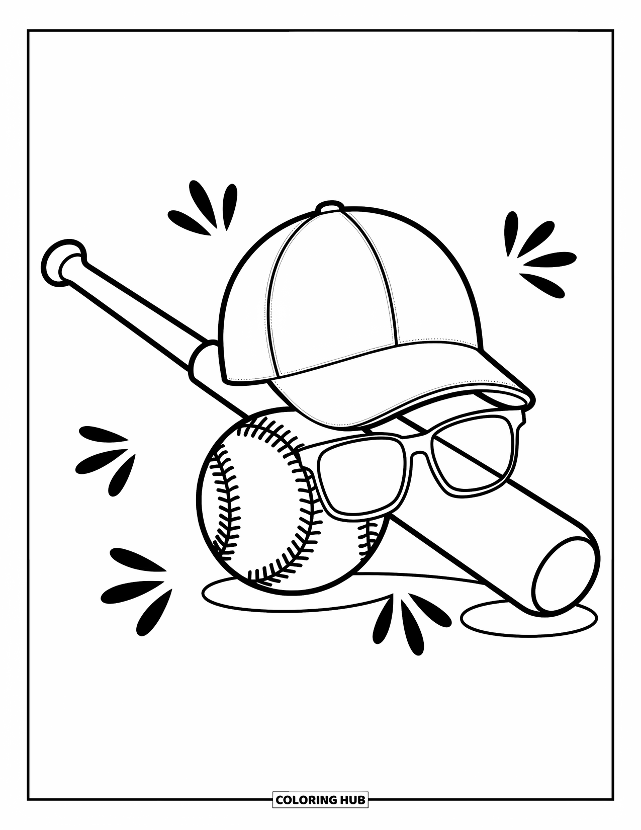 Desen de colorat cu baseball pentru copii: O șapcă și ochelari de soare se înclină pe o bâtă și o minge, înconjurate de modele jucăușe